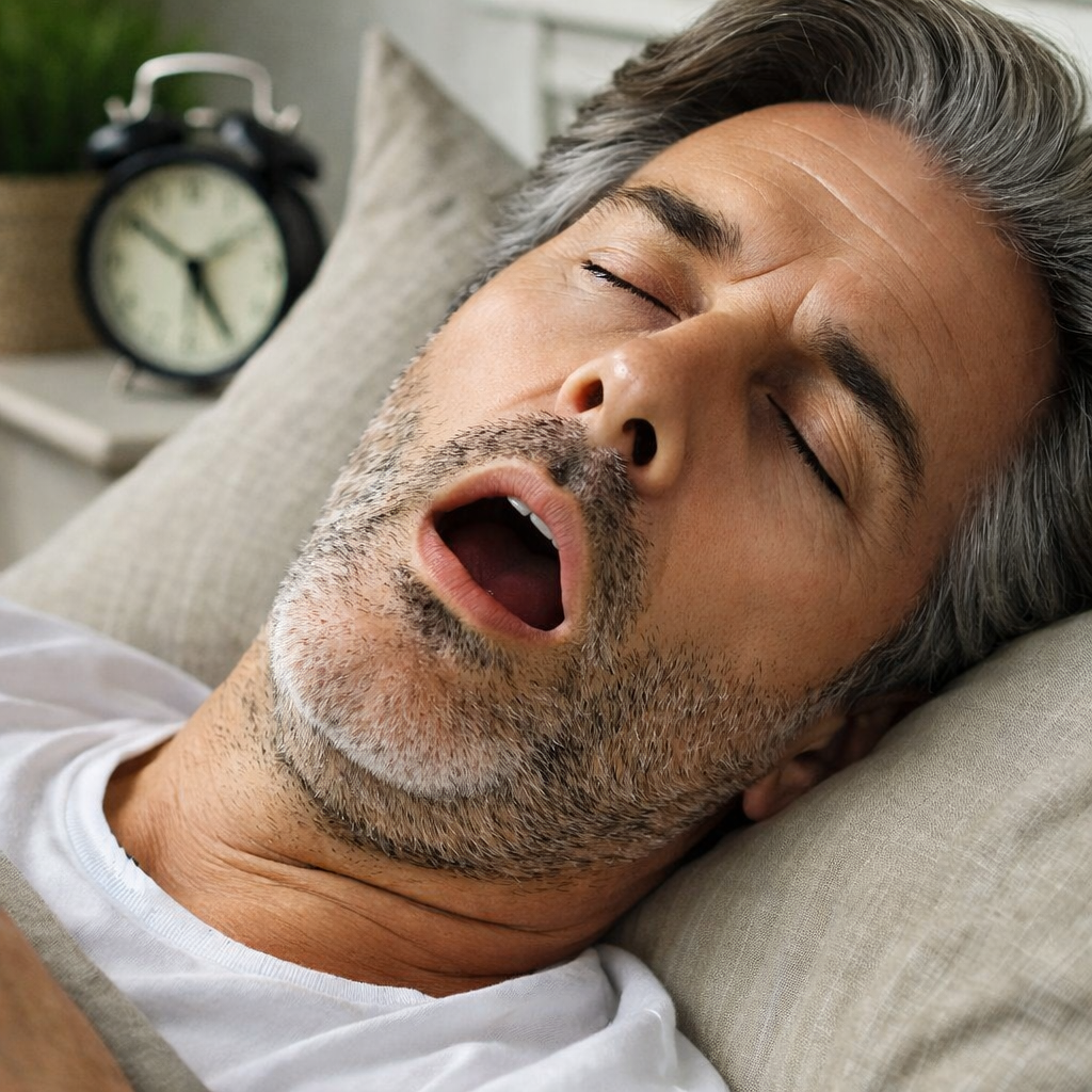 Man with partially gray hair and beard asleep with mouth agape while he is experiencing obstructive sleep apnea and snoring episode.