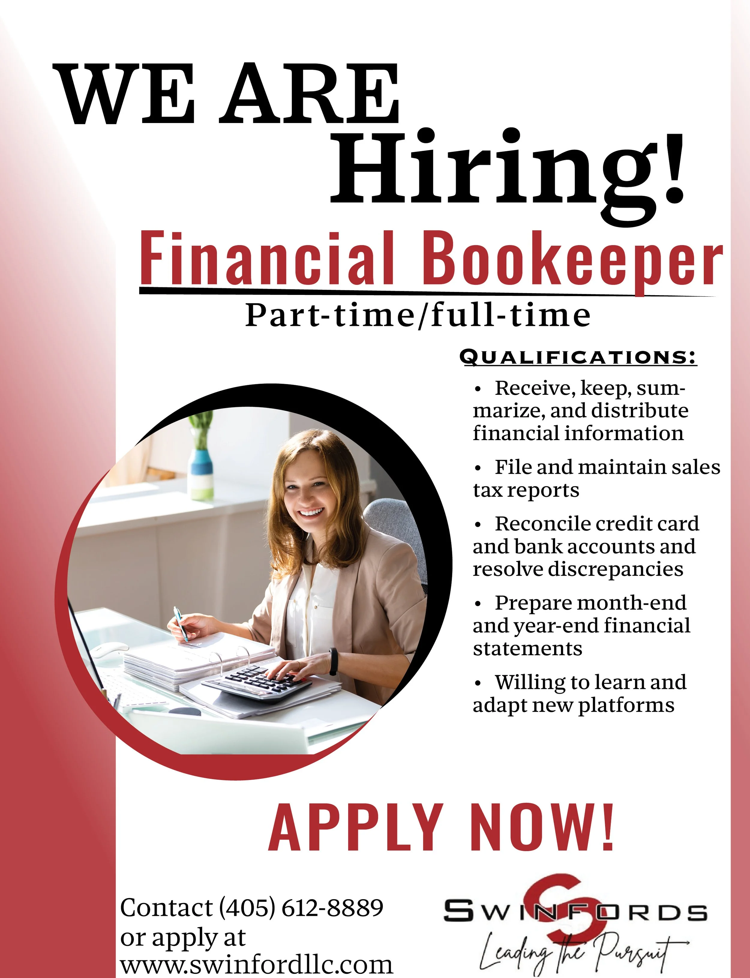 A job advertisement poster with text and a photo of a smiling woman working at a desk with a calculator, stacks of papers, and a pen. The poster is seeking a part-time or full-time financial bookkeeper and includes qualifications, contact information