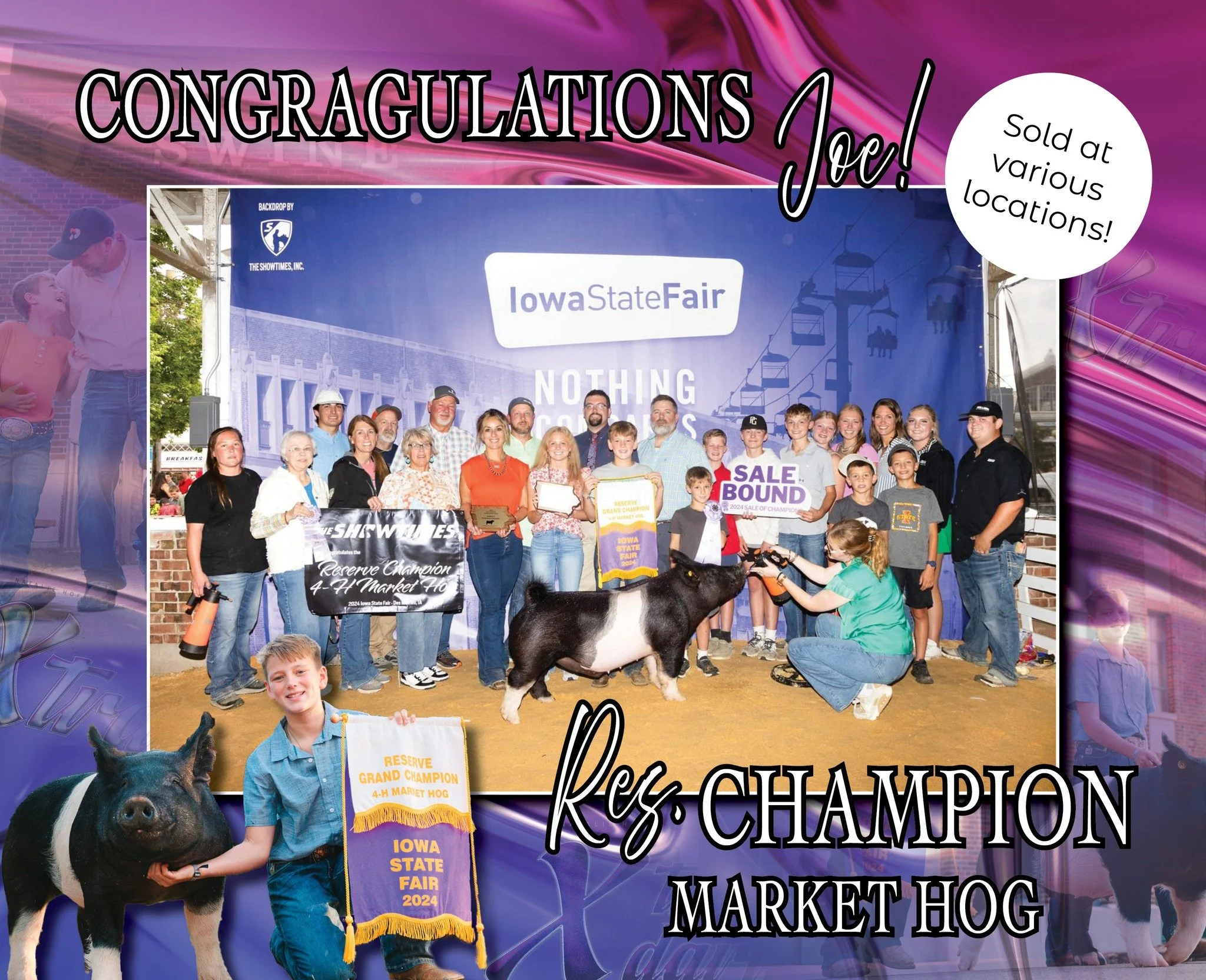Group of people celebrating at Iowa State Fair with a market hog, holding banners and plaques, with a backdrop of the fair's branding and fairground rides, including a Ferris wheel.