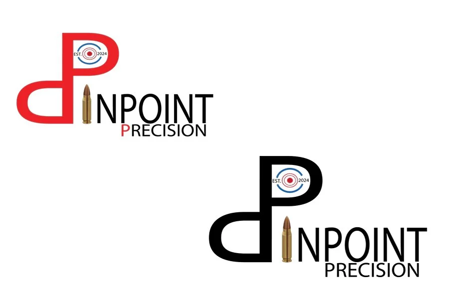 Logo of D Point Precision with a red arrow and archery target, with the letter D stylized as a red arrow pointing downward, and a bullet as the letter I in 'Point', with a red and black color scheme in the top logo and black and gold in the bottom lo