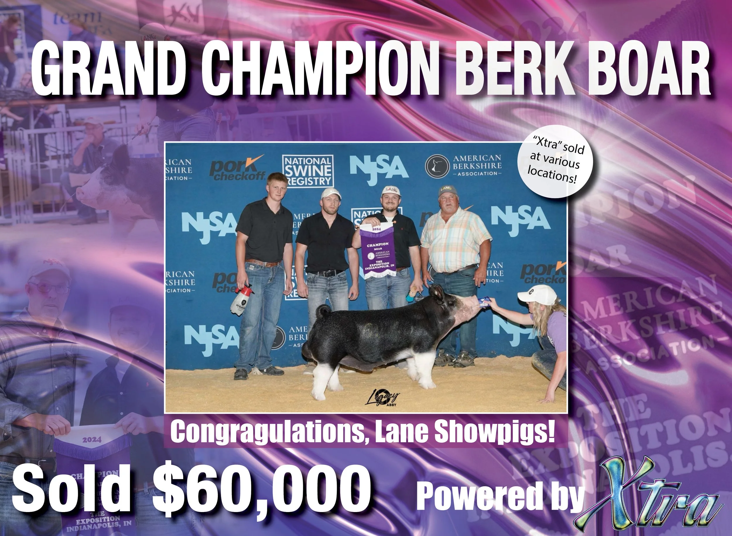 Celebration of a berserk boar at a livestock show, featuring a small black and white pig being photographed with four men standing behind it, a woman holding the pig's head, and a backdrop with logos of national livestock organizations, with colorful