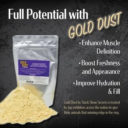 Package and loose powder of Gold Dust for enhancing muscle definition, boosting freshness and appearance, improving hydration, and filling.