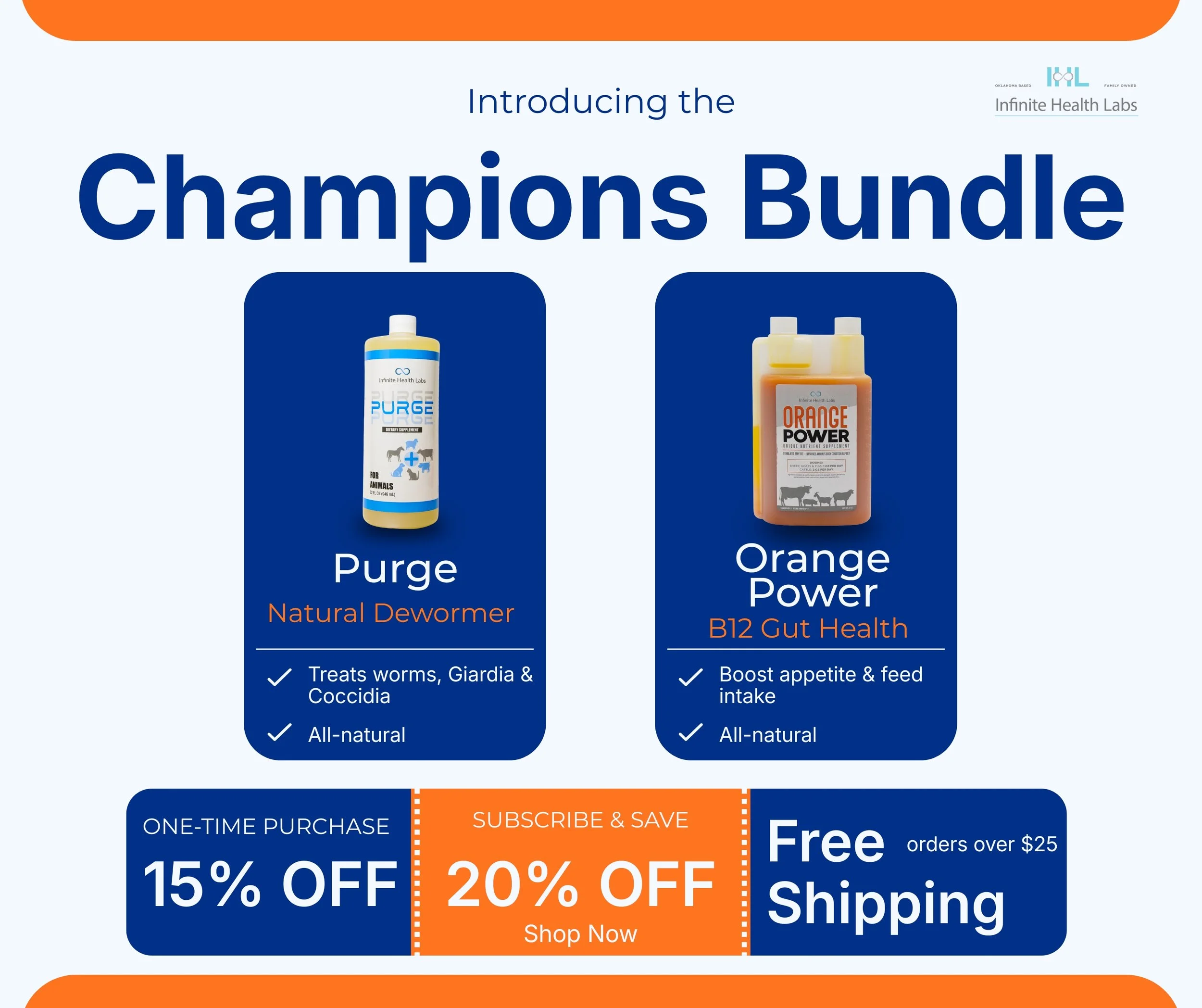 Infinite Health Labs Champions Bundle advertisement featuring Purge natural dewormer and Orange Power B12 performance supplement for show animals created by Be Better MediaWorks Oklahoma marketing agency