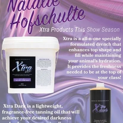 Product advertisement for Natale Hofschulte Xtra tanning products, including a large white bucket labeled Xtra and a black bottle labeled Xtra Dark, with purple and silver background design.