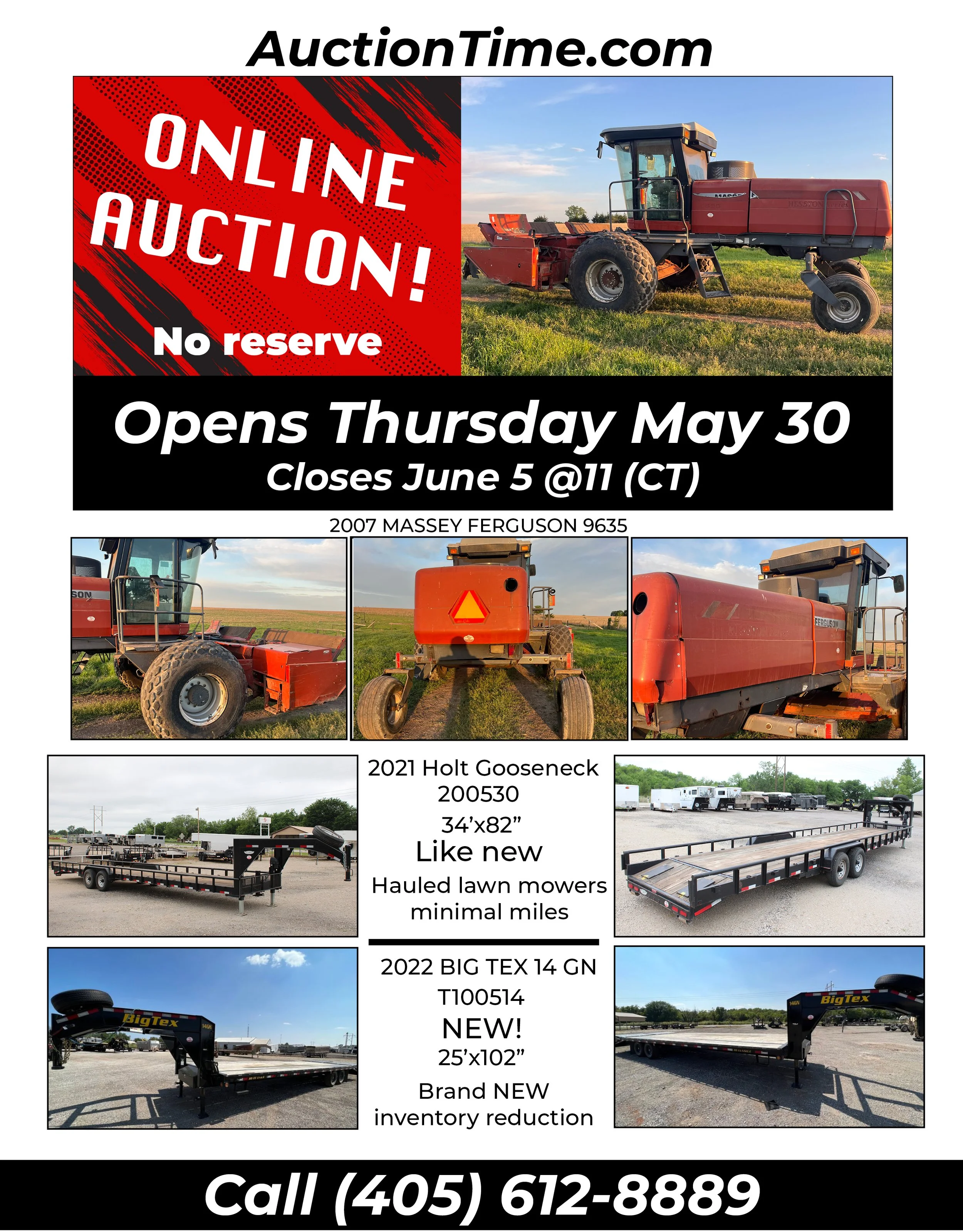 A flyer advertising an online auction at AuctionTime.com starting May 30 and ending June 5. The flyer features images of a red Massey Ferguson 9635 tractor, various trailers including a Haul Lord lawn mower trailer and a Big Tex 14 GN flatbed trailer