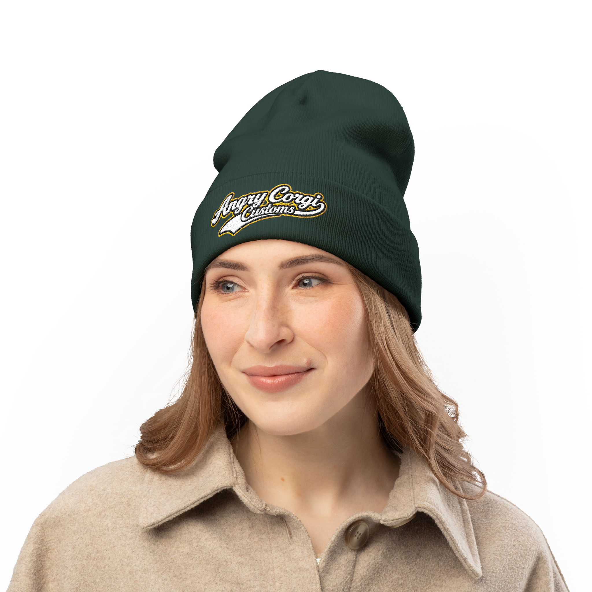 Embroidered 'Angry Corgi Customs' Knit Beanie – Cozy Branded Winter Hat