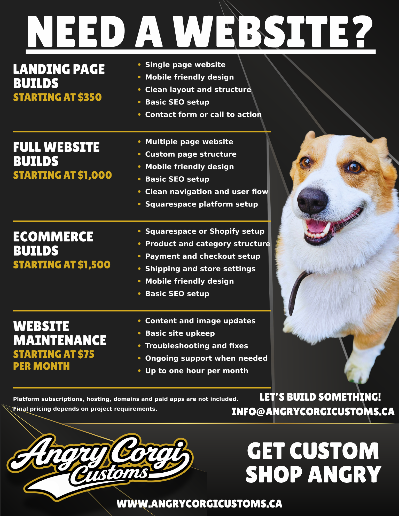 Advertisement for Angry Corgi Customs, a website building service. The ad lists different website packages: landing page, full website, e-commerce site, and website maintenance, with starting prices and features for each. The ad features a happy corgi dog on the right side and includes contact email and website URL at the bottom.