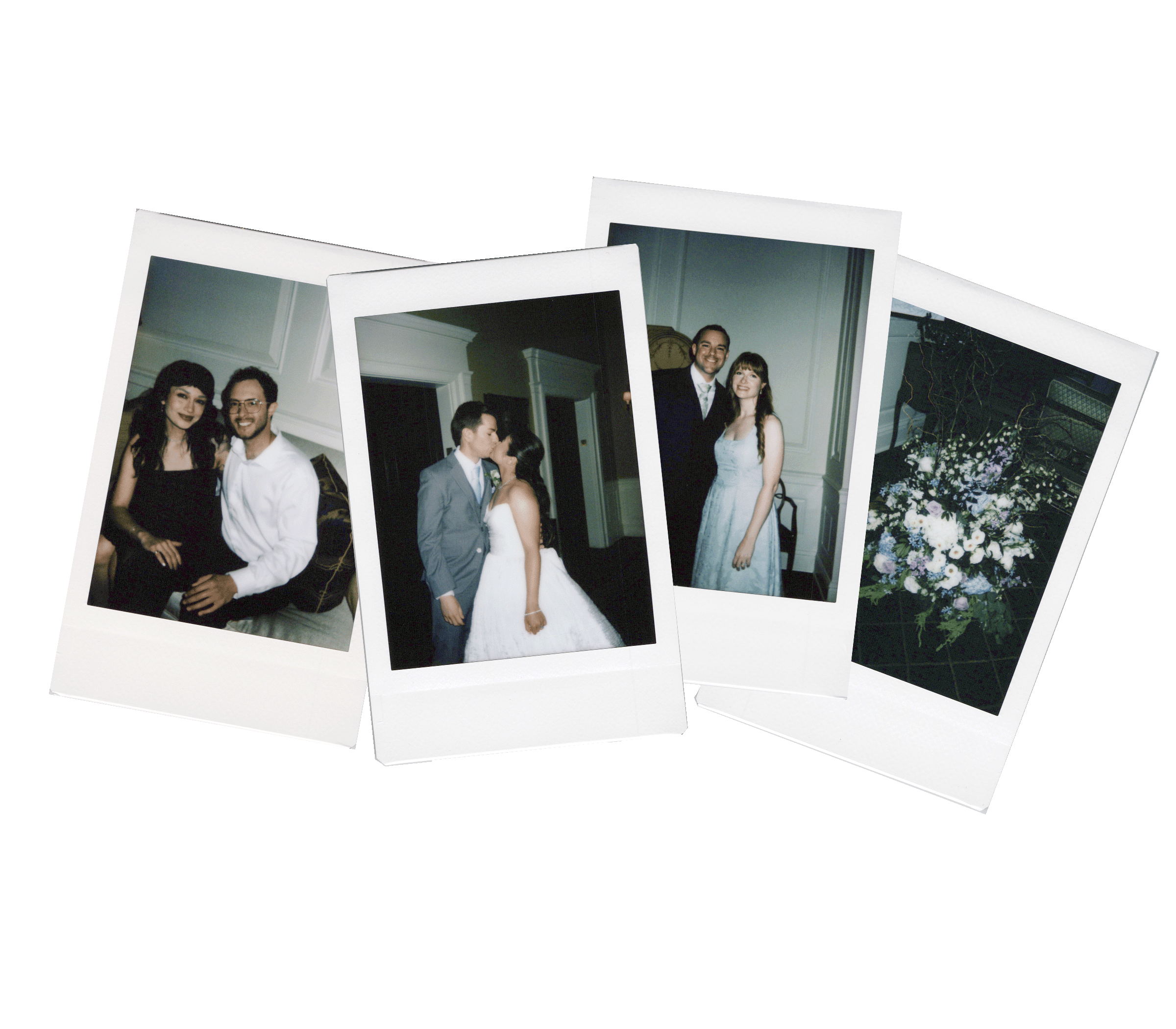 four instant photos from a chicago wedding featuring guests, the couple, and flowers