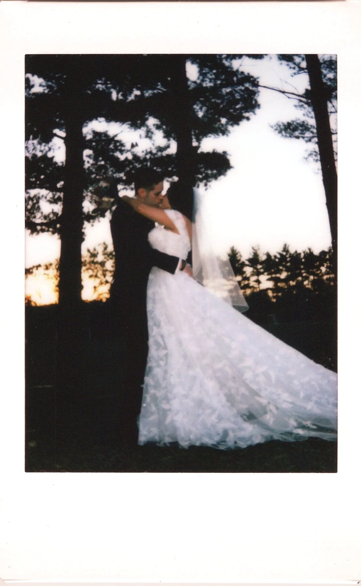 A bride and groom embrace outdoors at sunset, with tall trees and the sky in the background, during a wedding photo.