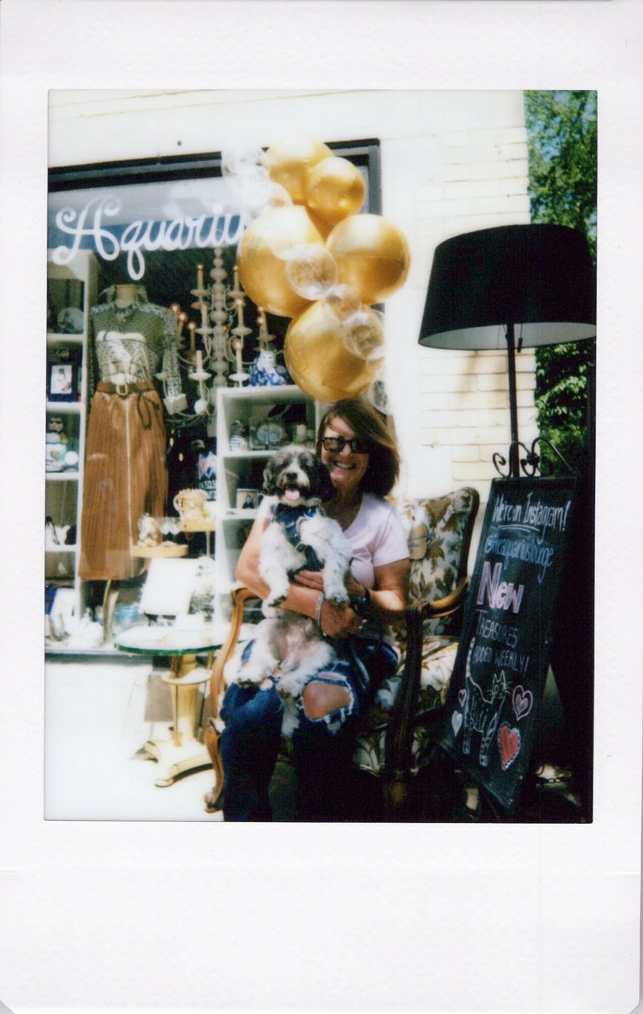 A woman sitting on a vintage chair holding a black and white puppy, smiling. Behind her, there are gold balloons, a black floor lamp, and a store display with clothing and decorative items. A chalkboard sign is on the right side, and a sign in the st