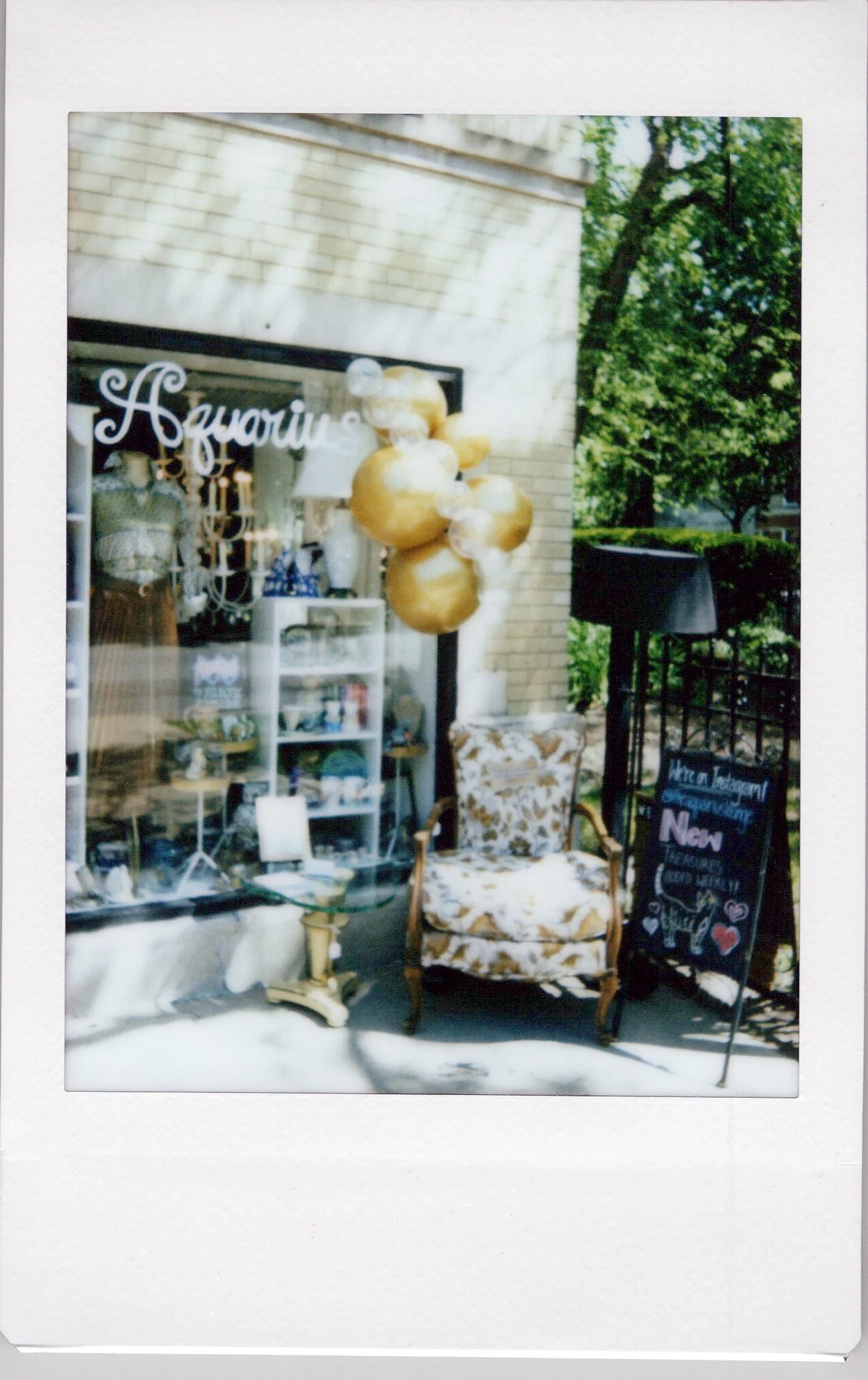 The image shows a storefront with a sign reading "Aqua Vie." There is a display of gold and white balloons, a vintage armchair with a floral pattern, a blackboard sign, and various interior items visible through the window. Outside, there are green t