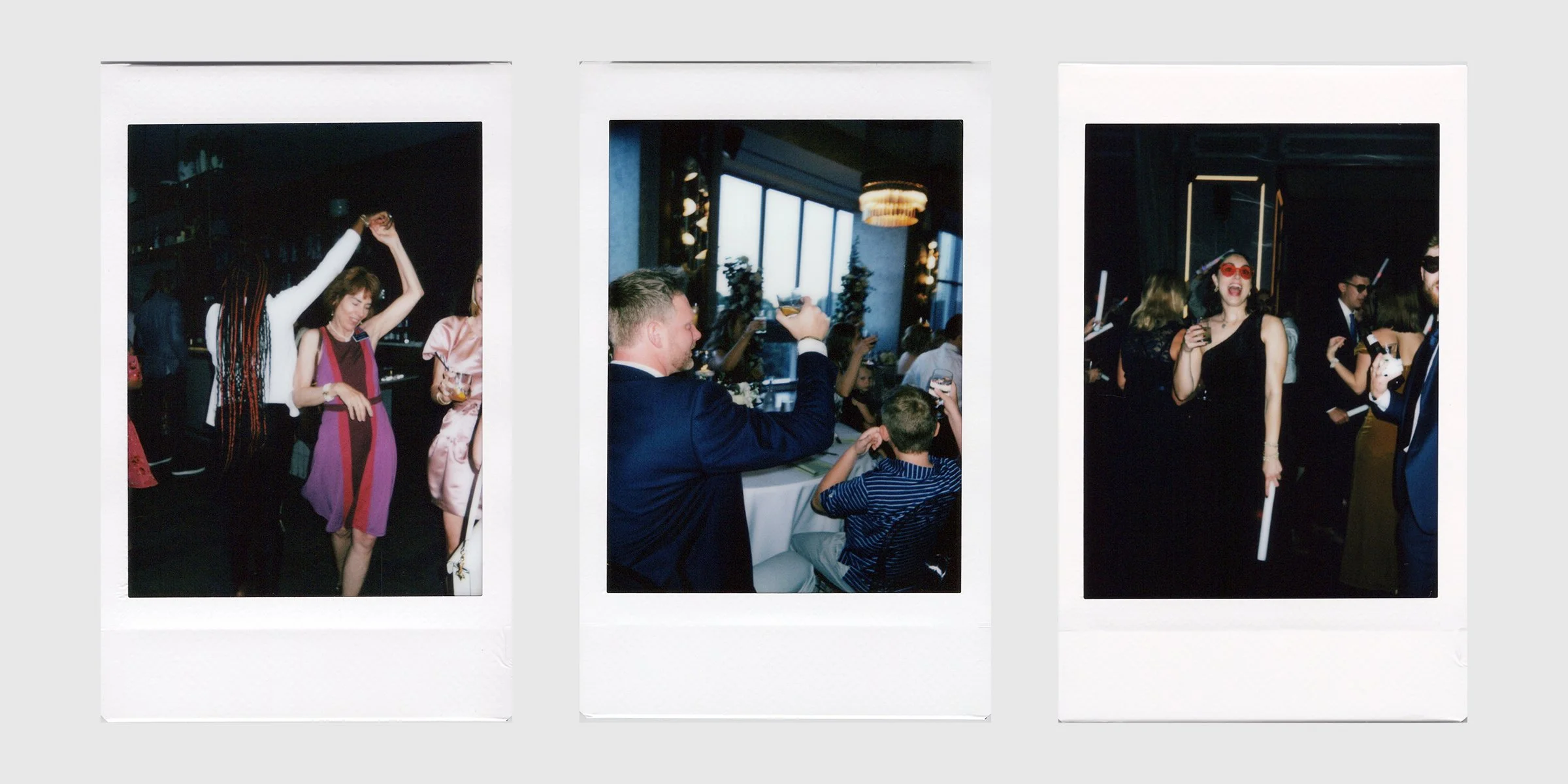 Three framed instant on-site photos of people dancing and socializing at a celebration or party, with a dark background and elegant setting wedding.