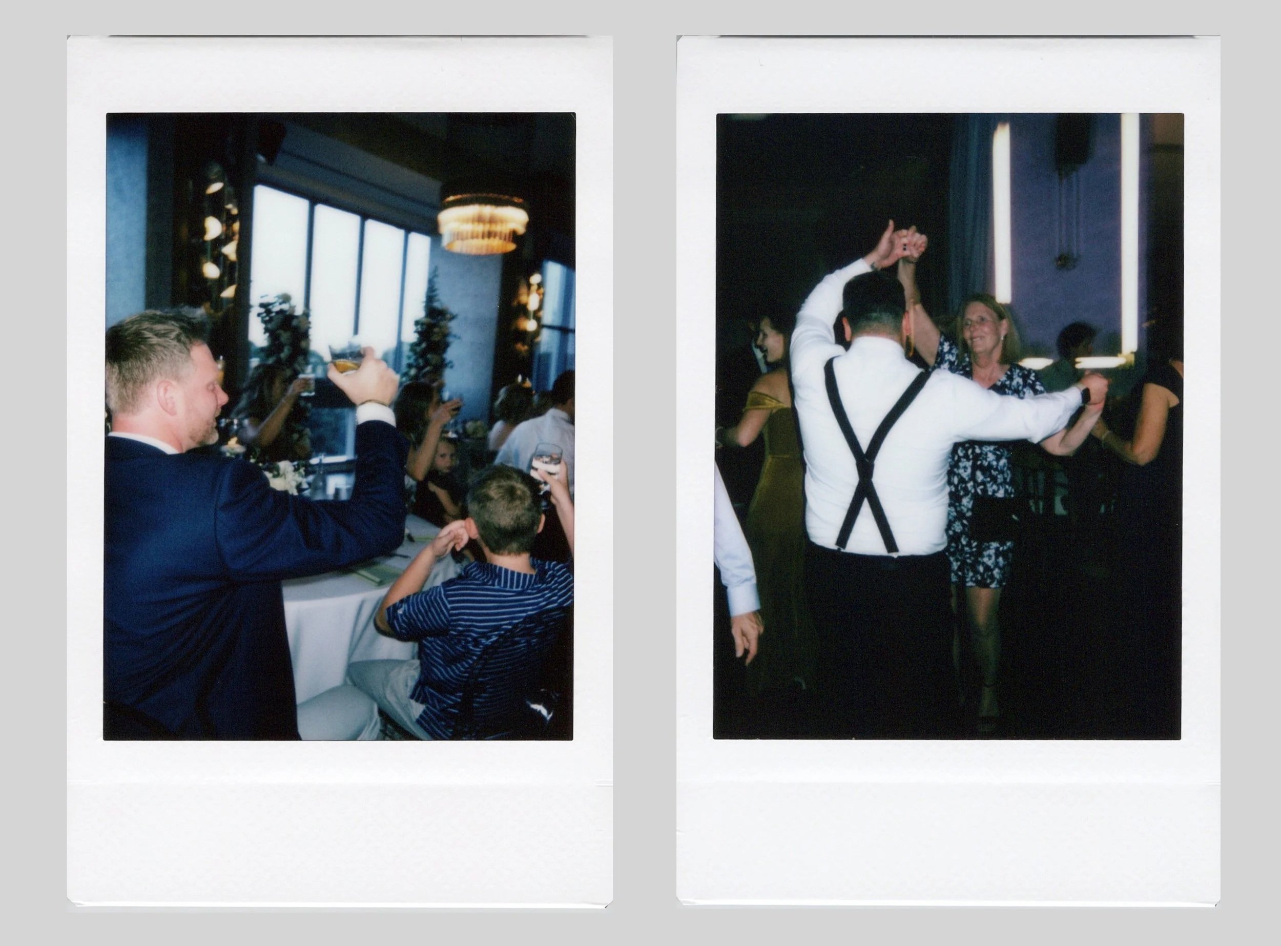 polaroids of party in chicago, people dancing and toasting the couple