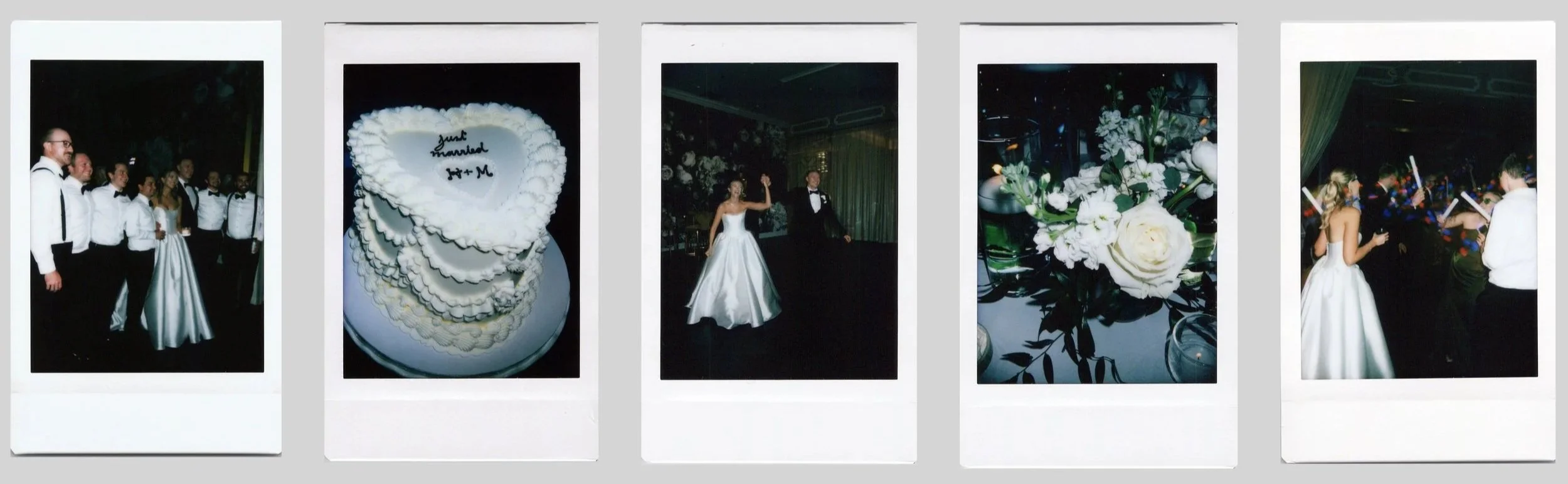 five polaroids at a chicago wedding of cake and florals and couple