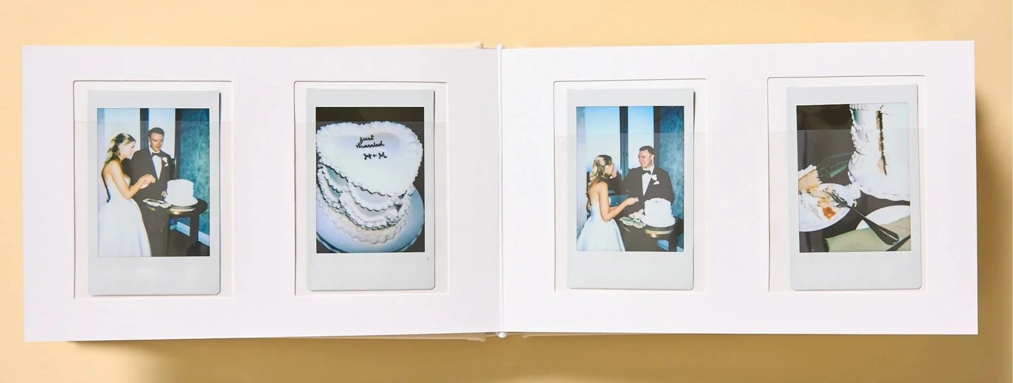 an open polaroid photo album of 4 instax mini photos of chicago couple cutting the cake onsite