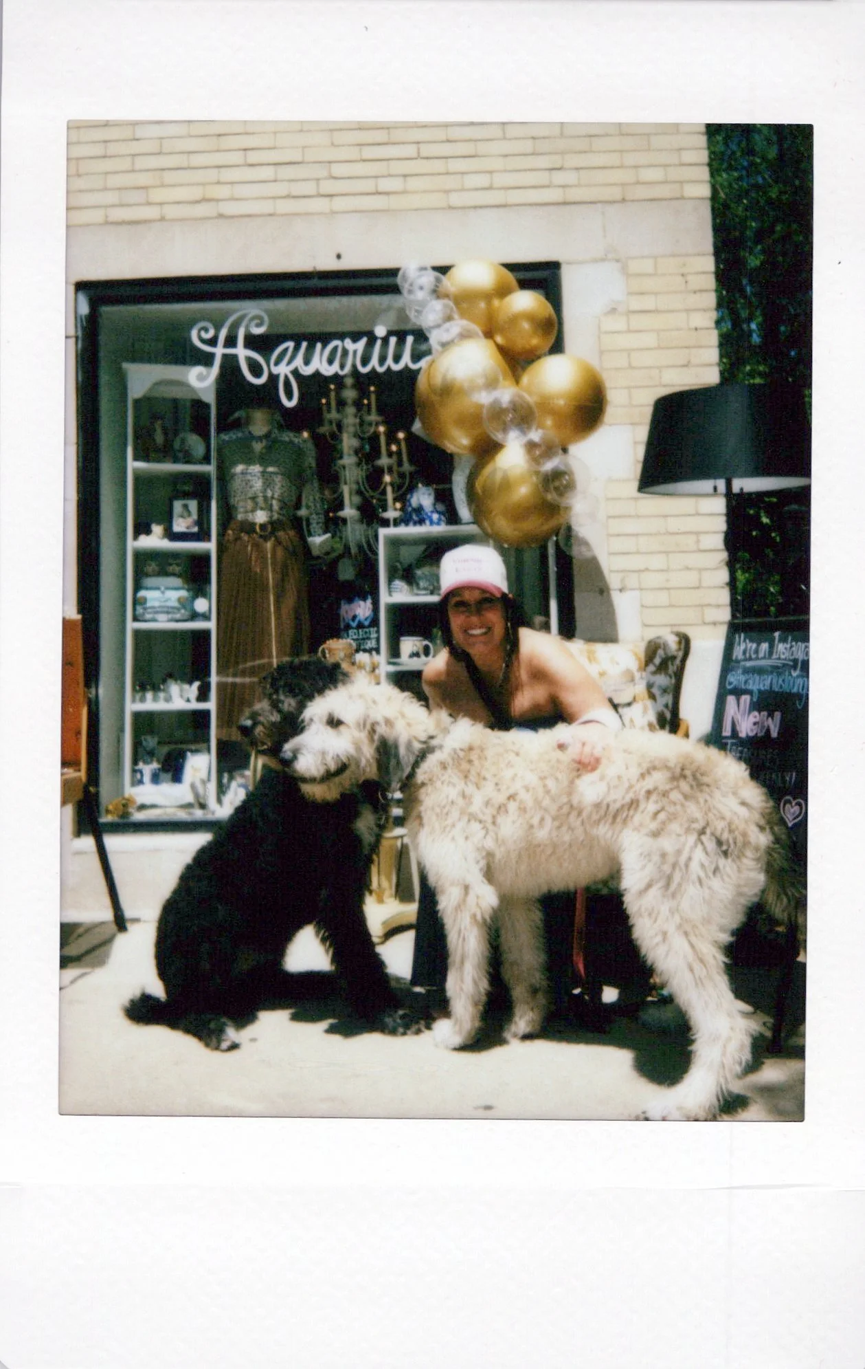 Woman smiling with two large dogs in front of store window decorated with gold and clear balloons, signs, and display items.