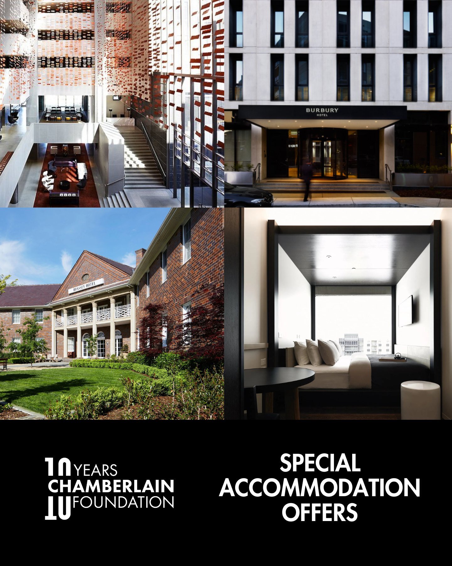 🛏️ Staying the night? We’ve got you covered.
Guests attending the Chamberlain Foundation Gala presented by Insurance Advisernet can enjoy 15% off accommodation at four of Canberra’s finest hotels - Hotel Realm, Burbury Hotel, Little Nat