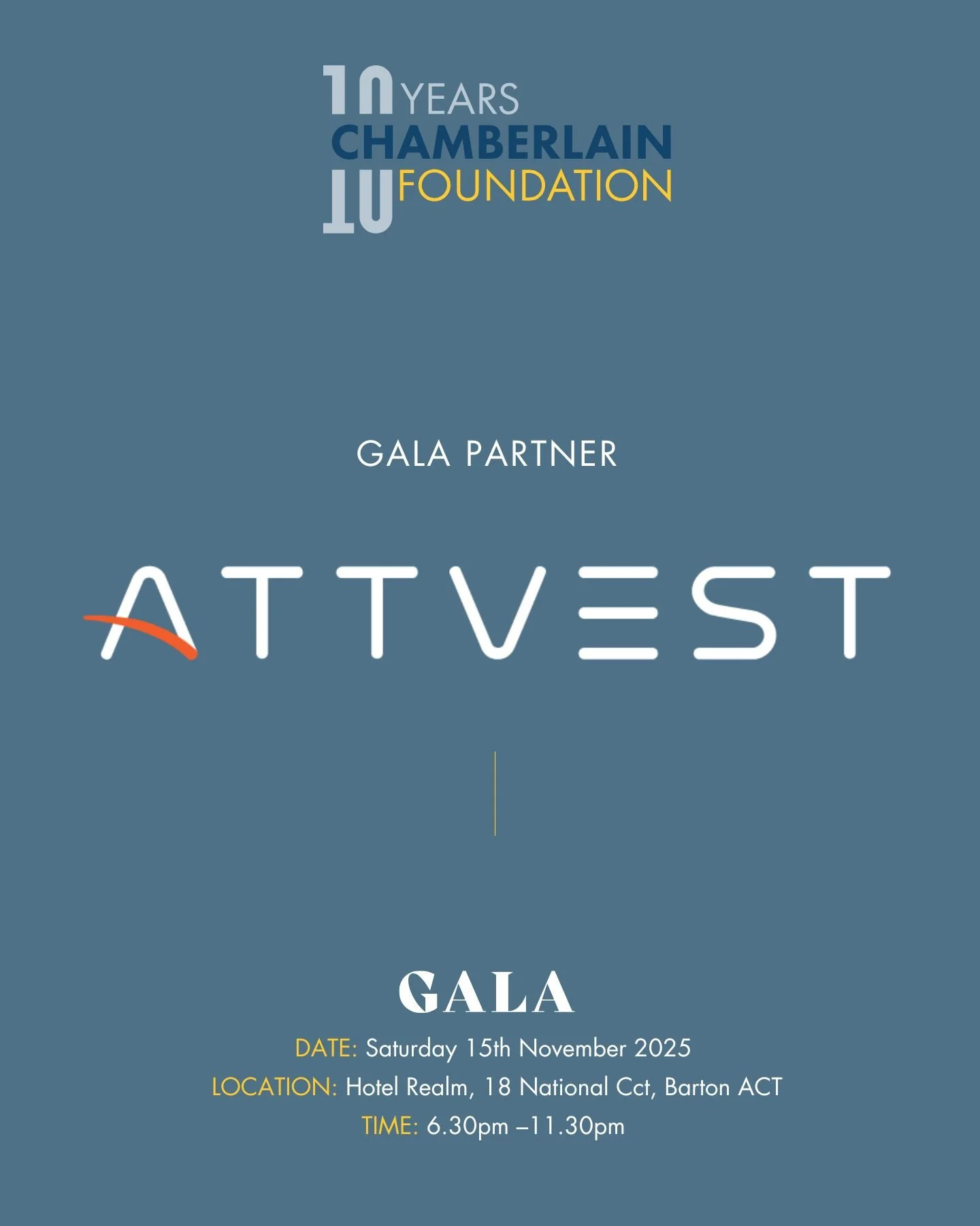 We’re proud to welcome @attvest_finance as an Event Partner for the Chamberlain Foundation Gala presented by @insuranceadvisernet
Their support helps us deliver a night of glamour, generosity and impact as we celebrate 10 years of action in me