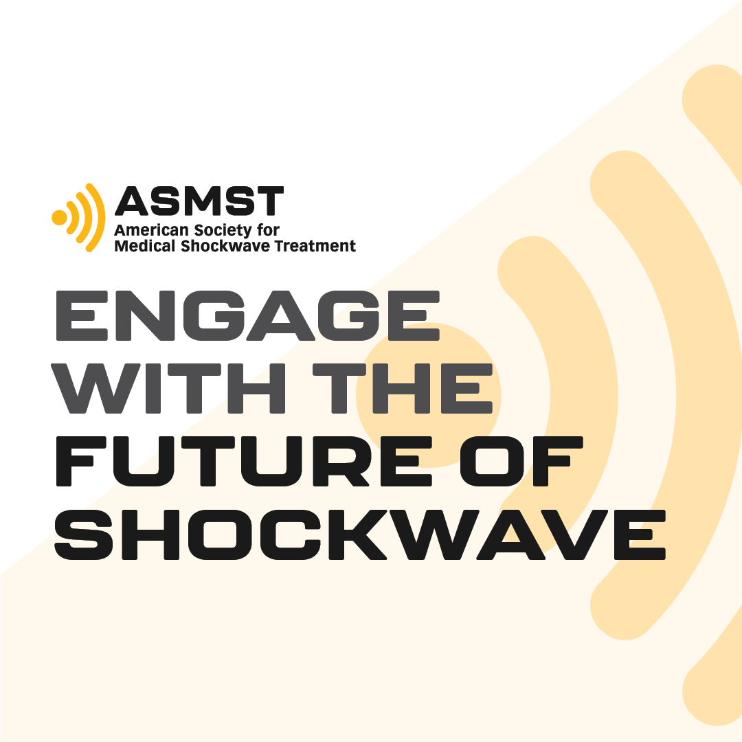 Text-based graphic with the logo and name of the American Society for Medical Shockwave Treatment, featuring a wave pattern and the phrase 'Engage with the future of shockwave' in bold letters.