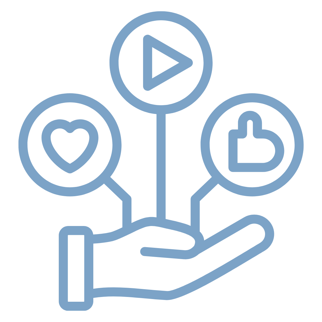 Line drawing of a hand holding three icons: a heart, a play button, and a thumbs up.
