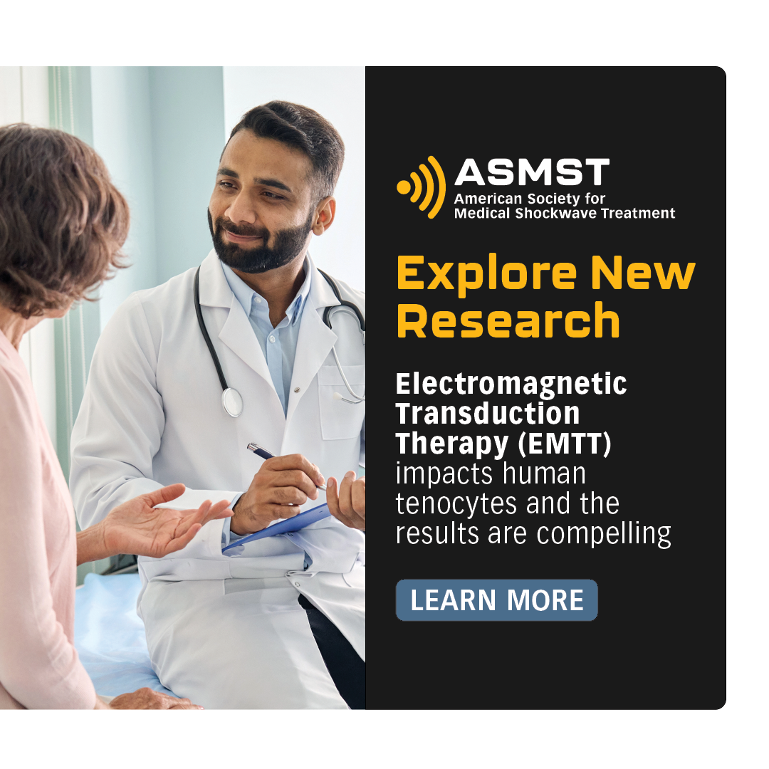 A doctor talking to a patient in a medical setting, with a promotional message about Electromagnetic Transduction Therapy (EMTT) research from the American Society for Medical Shockwave Treatment (ASMST).