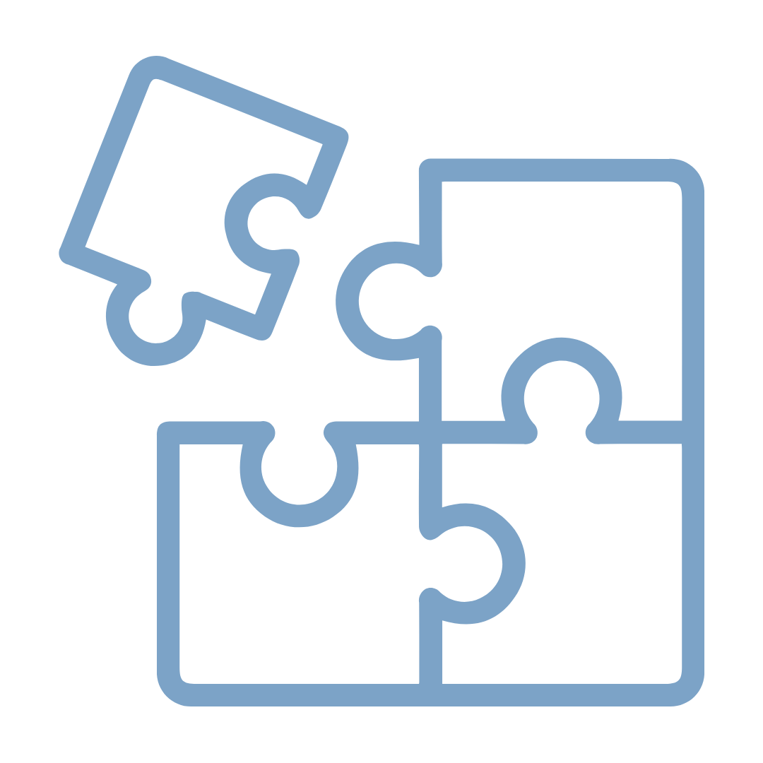 Outline of four interconnected puzzle pieces, one slightly separate from the others.