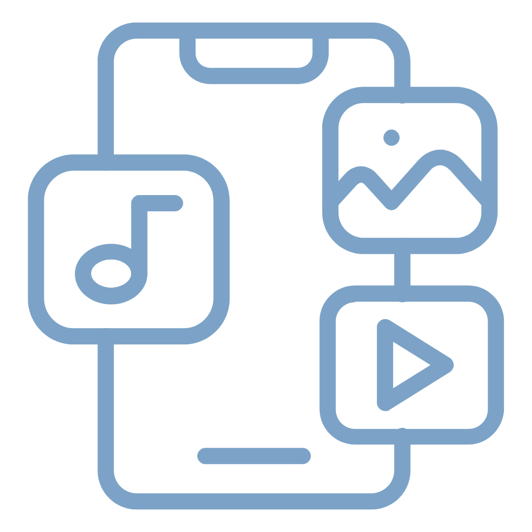 Outline of a smartphone with icons of a musical note, a mountain landscape, and a play button representing media apps.