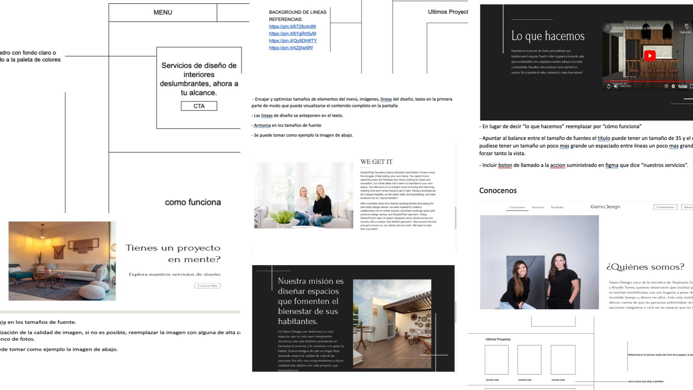 This collage showcases the framework I created to guide the freelancer in building Siamo Design’s wireframe. I structured insights into clear guidelines to ensure the website prioritized eDesign service.