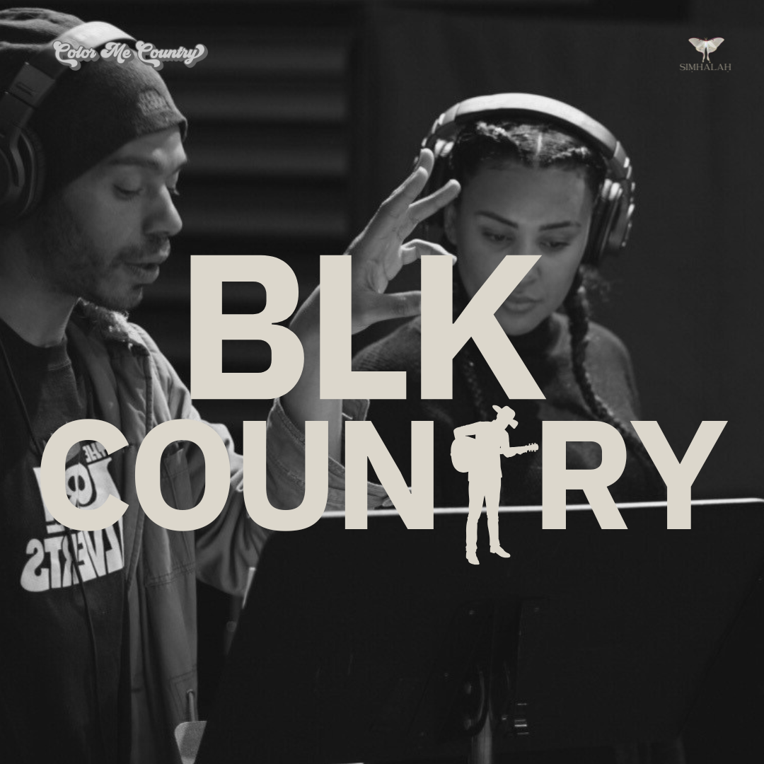 Two people in a recording studio, one male and one female, both wearing headphones. The woman is raising her hand toward her headphones, possibly adjusting them, while the man is looking down. The photo is in black and white with the large text 'BLK COUNTRY' overlaying the image and a small silhouette of a person holding a guitar, stylized as a microphone, integrated into the text.