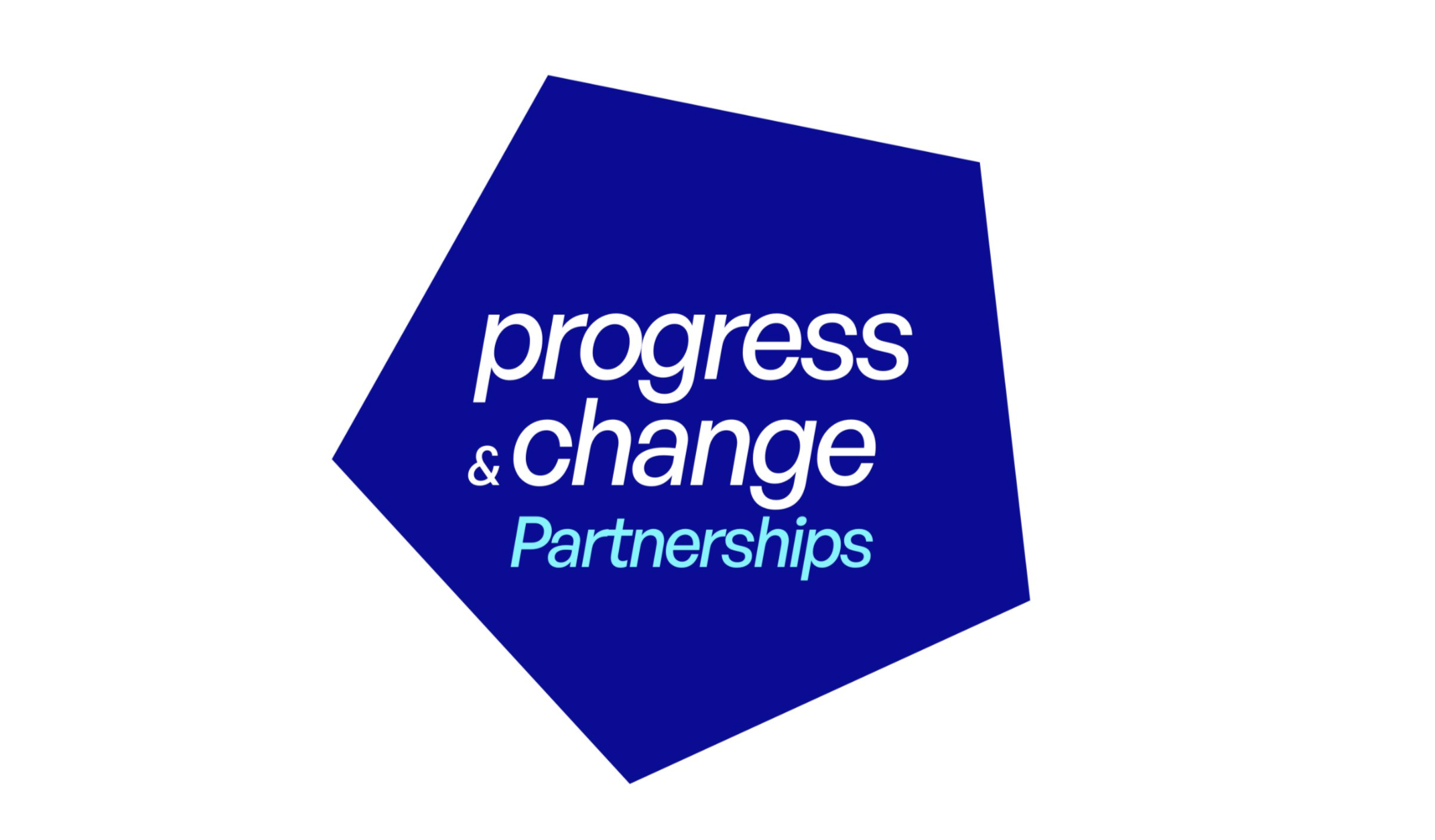 Progress & Change Partnerships logo with white text on a blue polygon background.