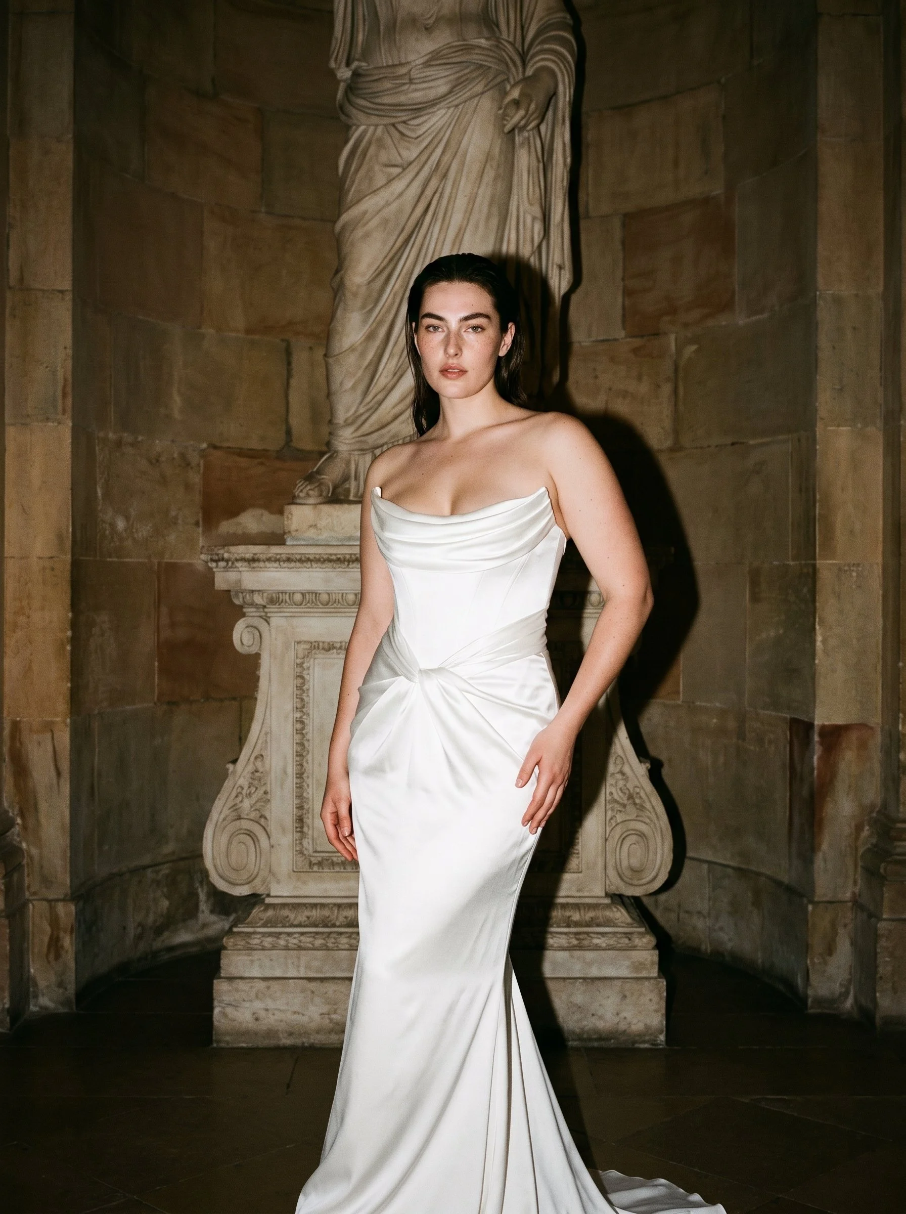 Satin gown with a strapless scoop neckline