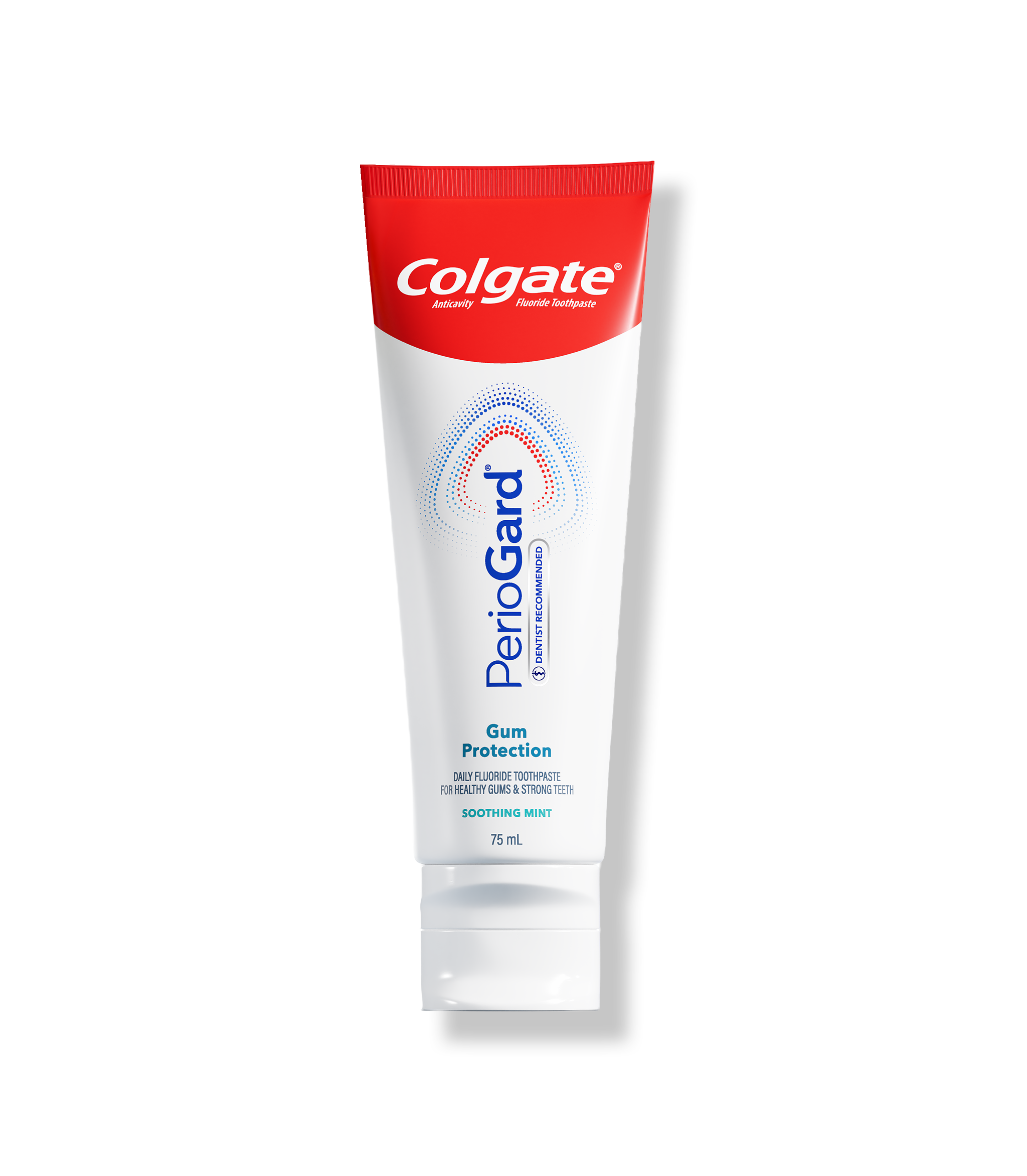 A tube of Colgate PerioGard gum protection toothpaste with a red cap, white body, and blue and red text, standing on a reflective black surface.