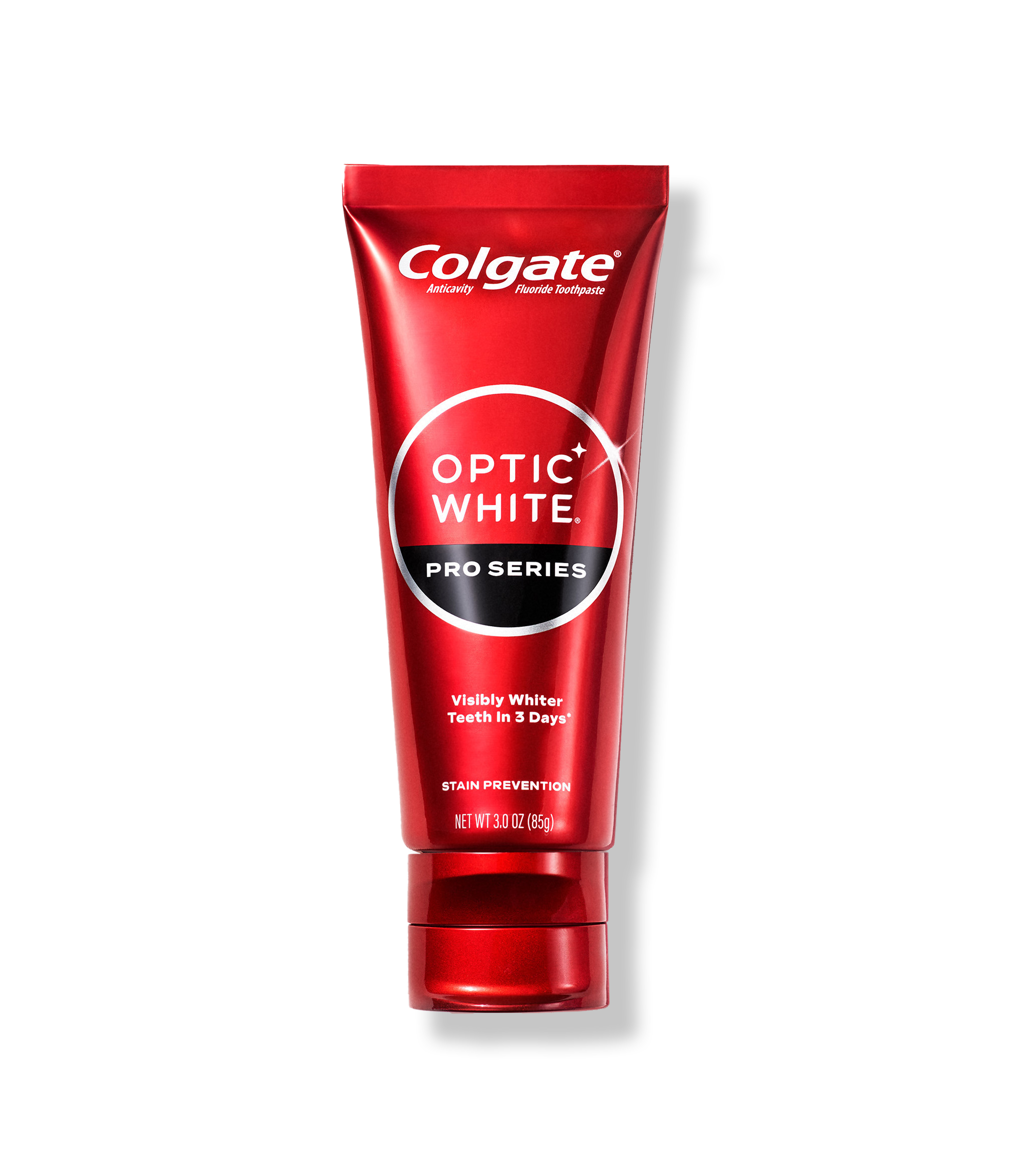 A tube of Colgate Optic White Pro Series toothpaste with a red and black design, standing upright.