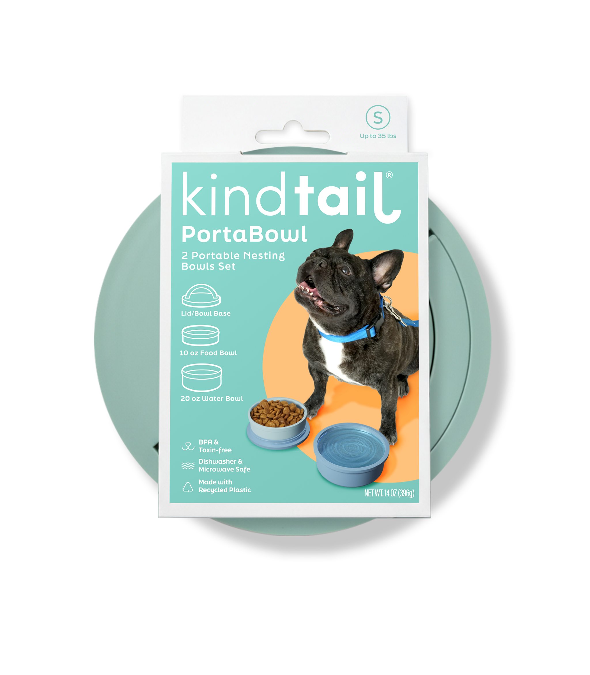 Packaging for it kindtail PortaBowl with an illustration of a small black dog with a blue collar, along with images of the portability nest bowls, a food bowl, and a water bowl, highlighting features like BPA-free, dishwasher safe, made with recycled plastic, and suitable for pets up to 35 lbs.