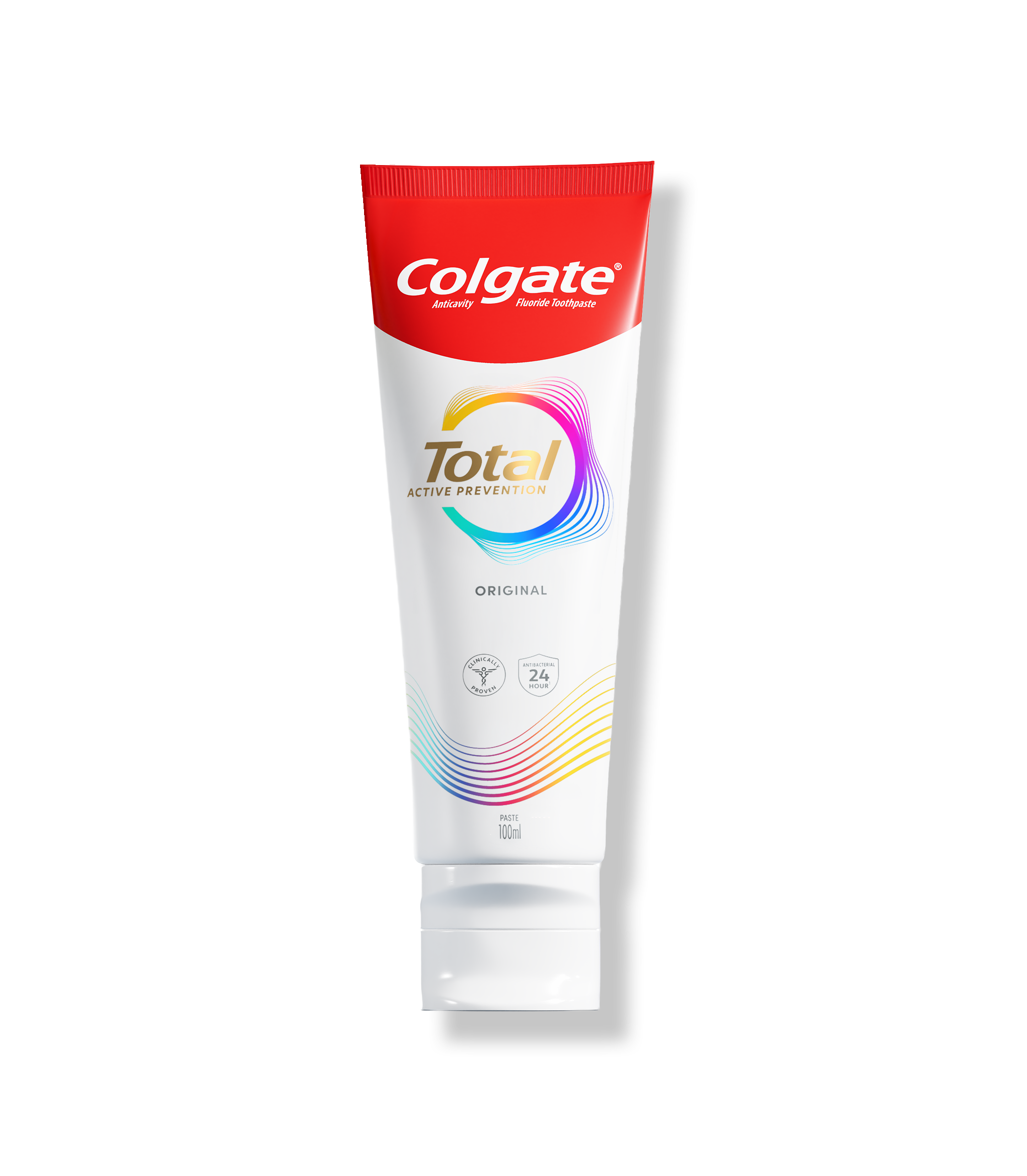 A tube of Colgate Total Active Prevention toothpaste with a white body, red cap, and colorful wave design on the label. The label indicates it is original flavor, provides 24-hour antibacterial protection, and is 100ml.