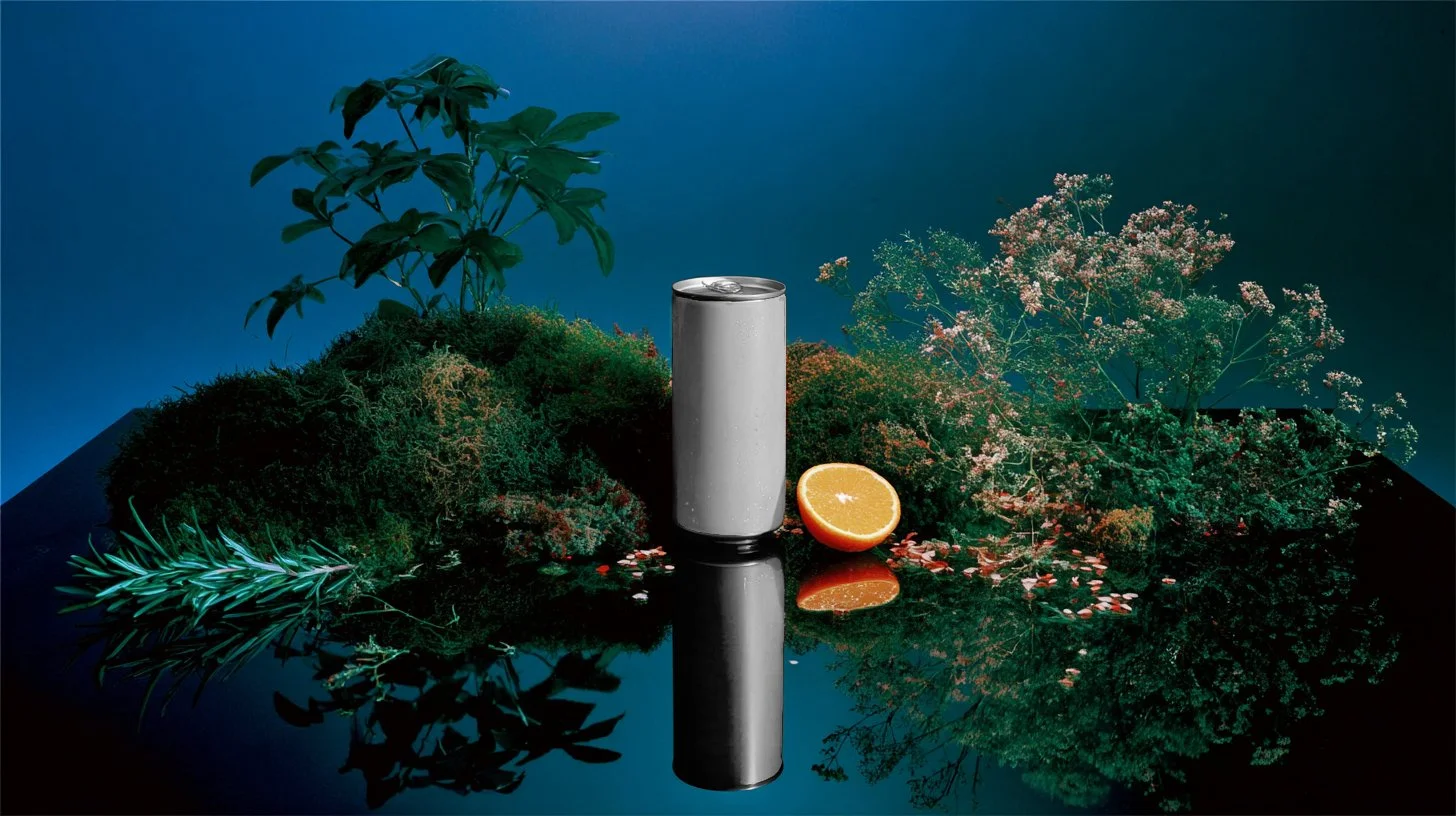 A silver soda can, a half orange, and green foliage including pine and other plants on a reflective black surface with a dark blue background.