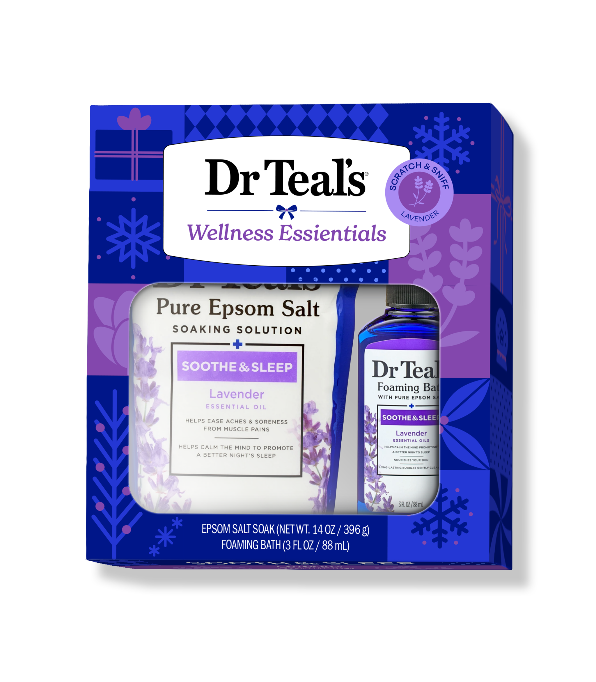 Dr Teals Wellness Essentials Lavender Soothe & Sleep set, including pure epsom salt soak and foaming bath, in purple and blue packaging with snowflake and gift box designs.