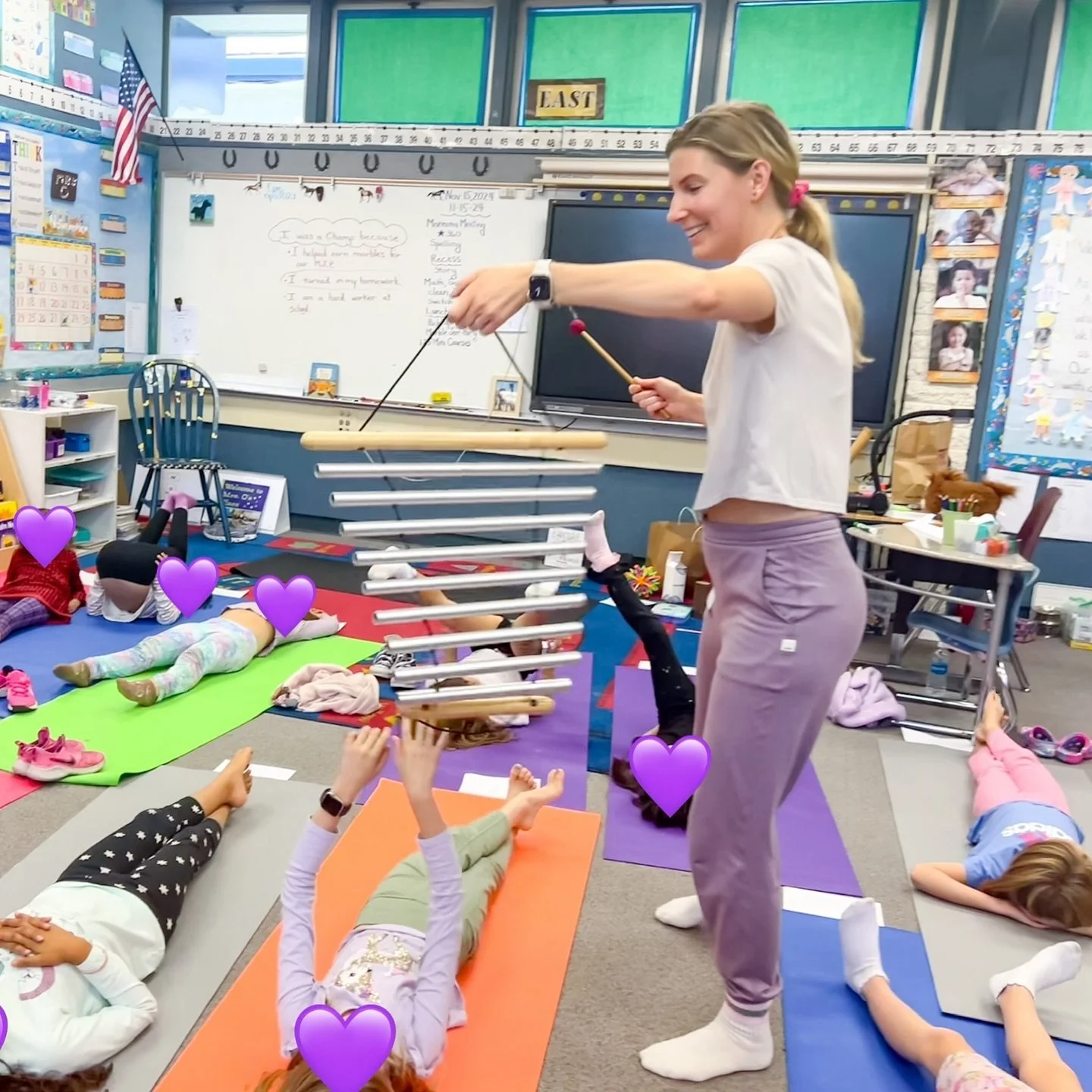 Bringing a little sound &amp; centering to the school kids. 🍎🙏 It&rsquo;s sweet &amp; often surprising to see how receptive they are to working towards calming their minds &amp; bodies. There&rsquo;s also a small dose of chaos involved 😉