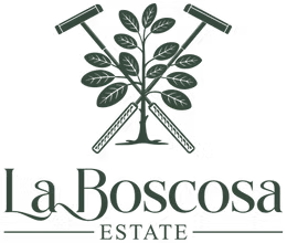 Logo for La Roscosa Estate with a stylized plant and two axes crossed behind it.