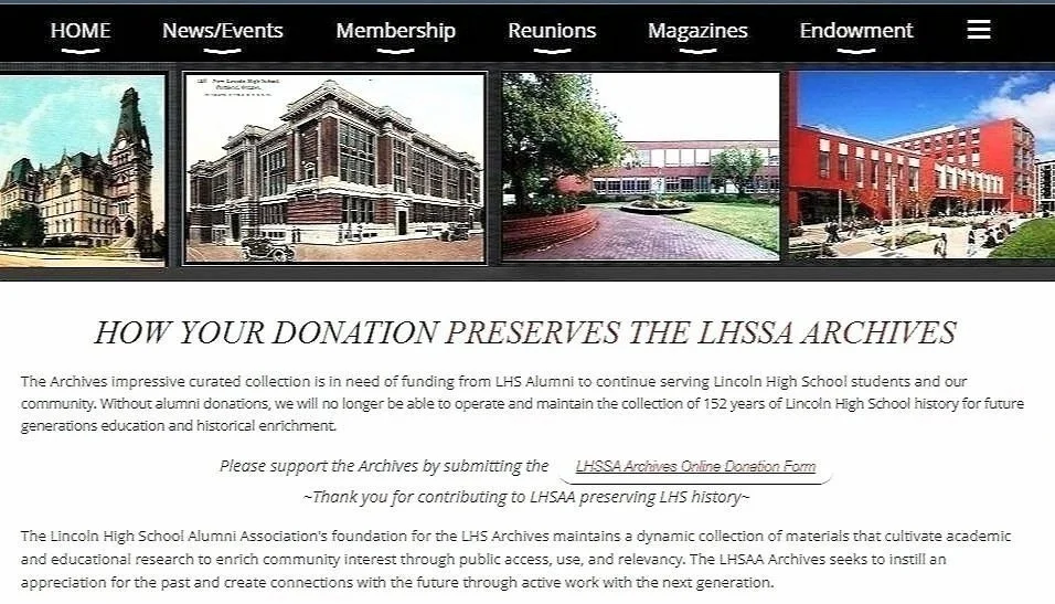 EDP DESIGN Website Builder navigation menu includes sections like News, Events, Membership, Reunions, Magazines, and Endowment, with historical and modern school photos.