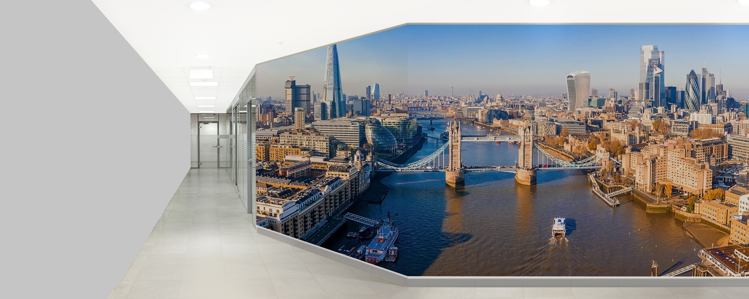 An office space with printed wallpaper to brighten the space