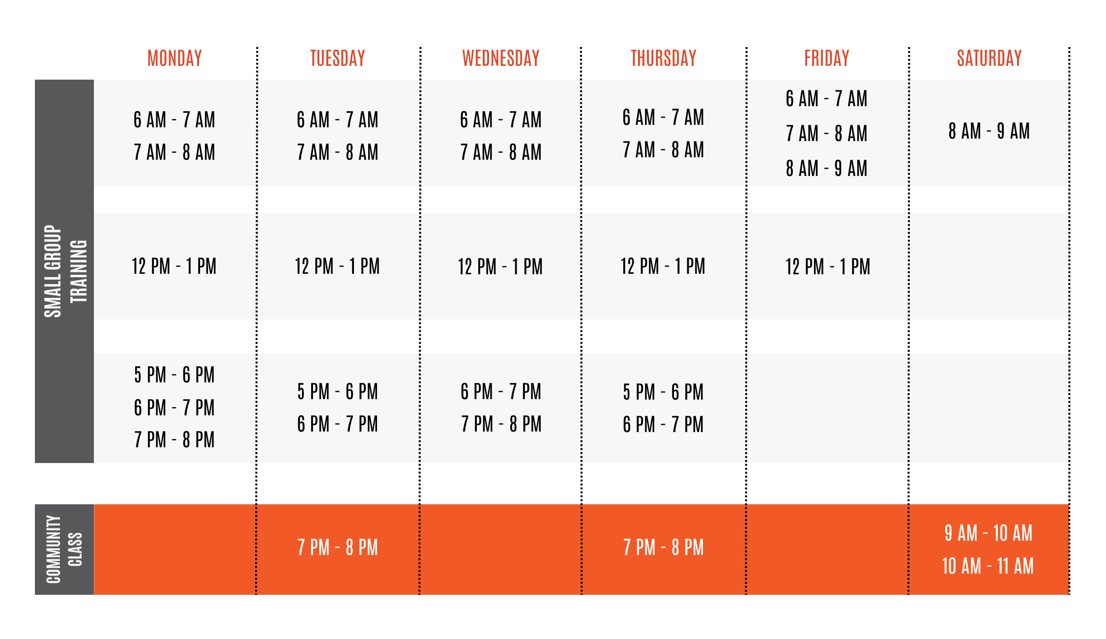 Weekly schedule or timetable with days of the week from Monday to Saturday and various time slots for training, community classes, and other activities listed in each column.