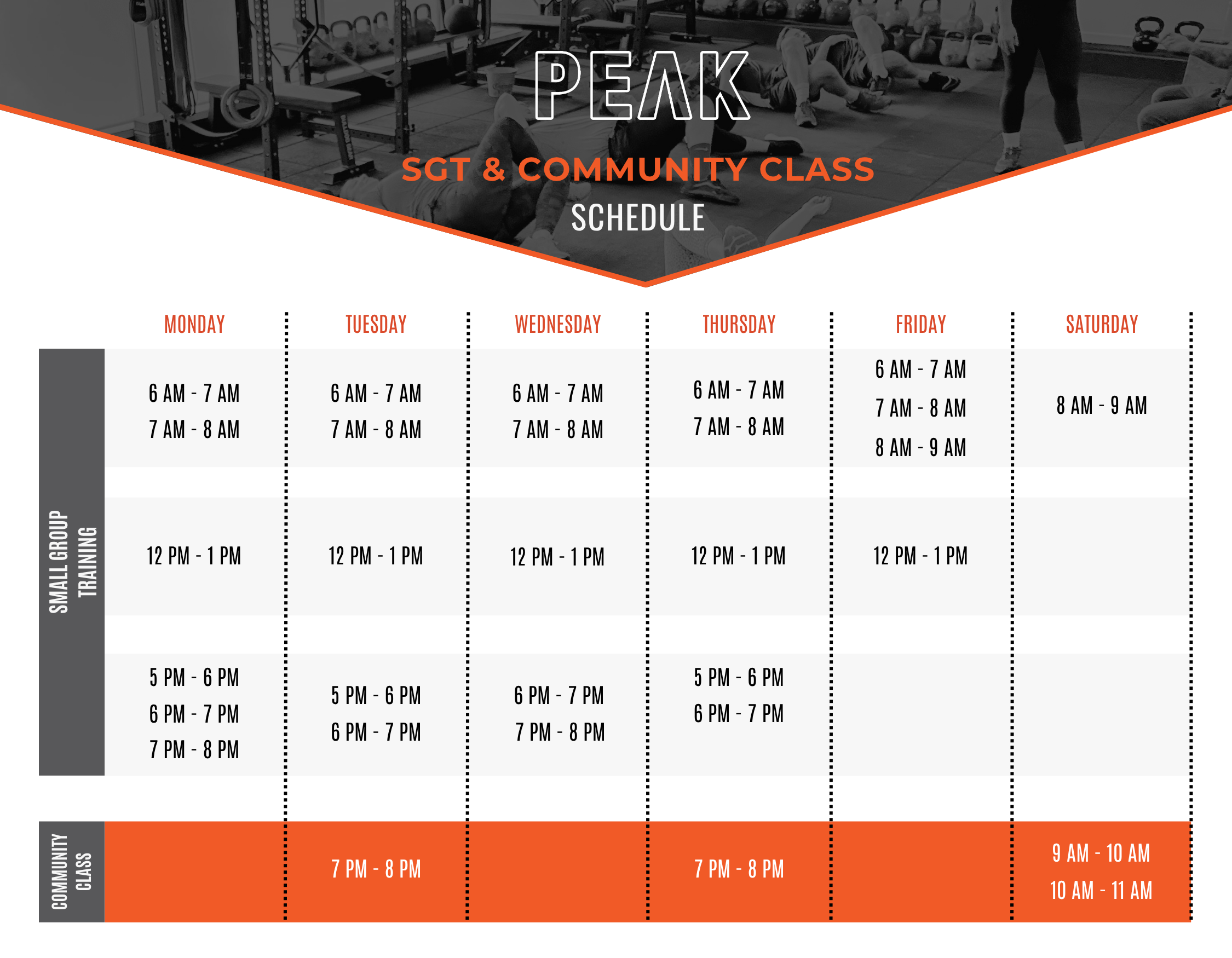 Schedule for PEAK SGT & Community Class, listing class times from Monday to Saturday, including early morning, midday, and evening sessions, with a background image of gym equipment and people exercising.