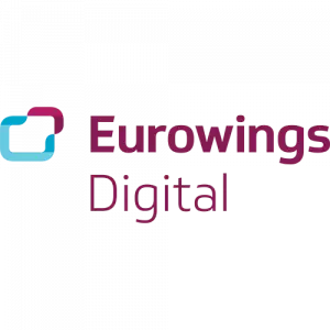 Logo von Eurowings Digital, bestehend aus zwei ineinander verschlungenen Quadraten in Blau und Pink, daneben der Schriftzug »Eurowings Digital« in lila und schwarz.