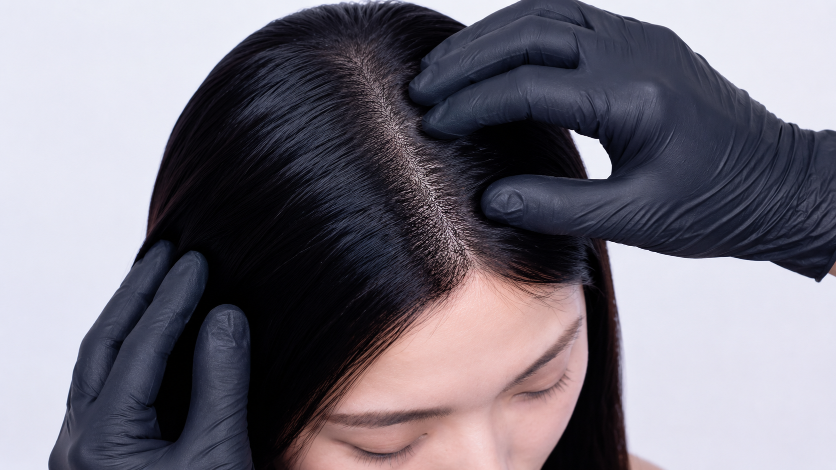 A person with black hair getting a scalp treatment. The person is gently holding their hair back while a professional wearing black gloves examines the scalp.