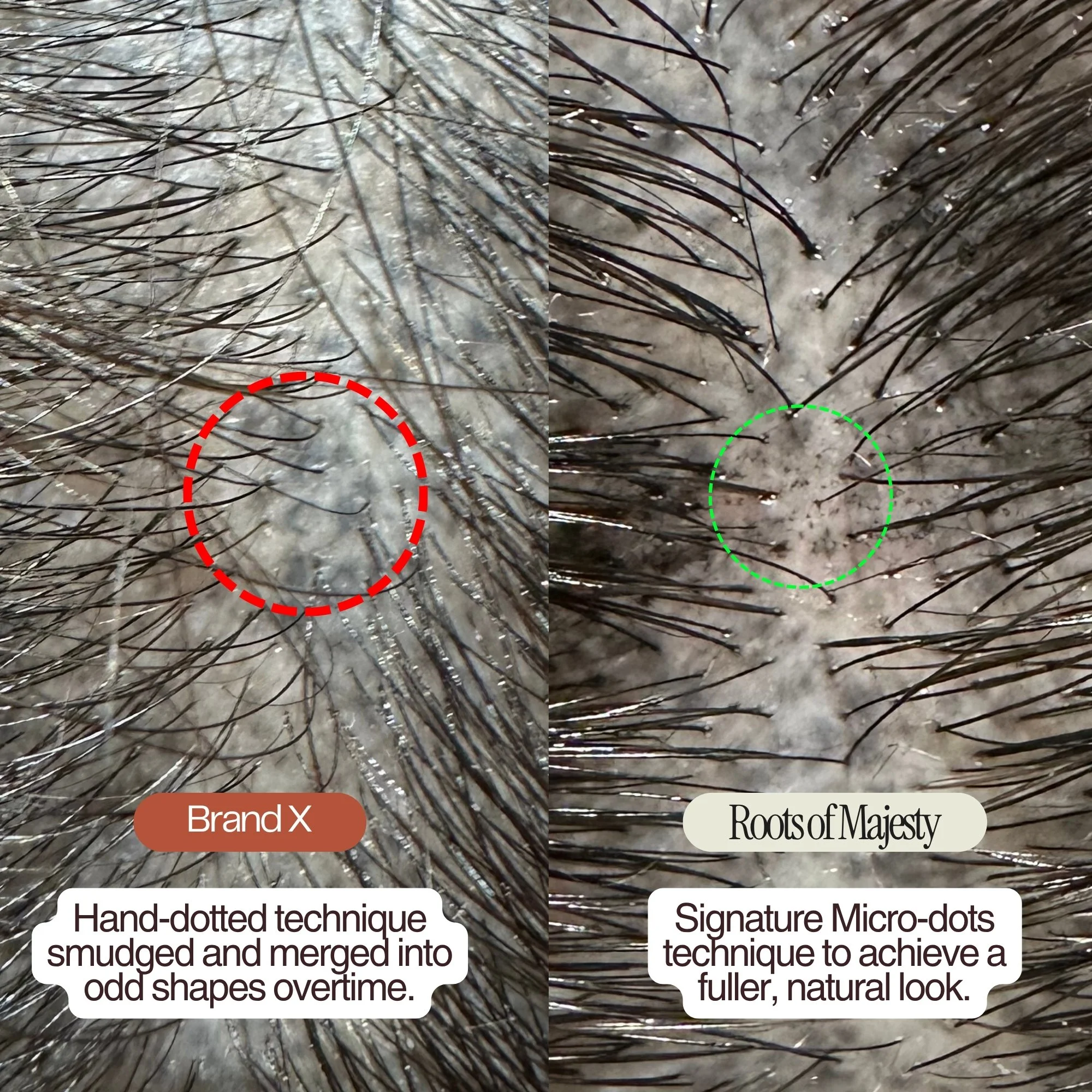 Close-up of hair strands showing two different hair styling techniques; on the left, hand-dotted technique with smudged and merging end shapes, and on the right, signature micro-dots technique to achieve a fuller, natural look.