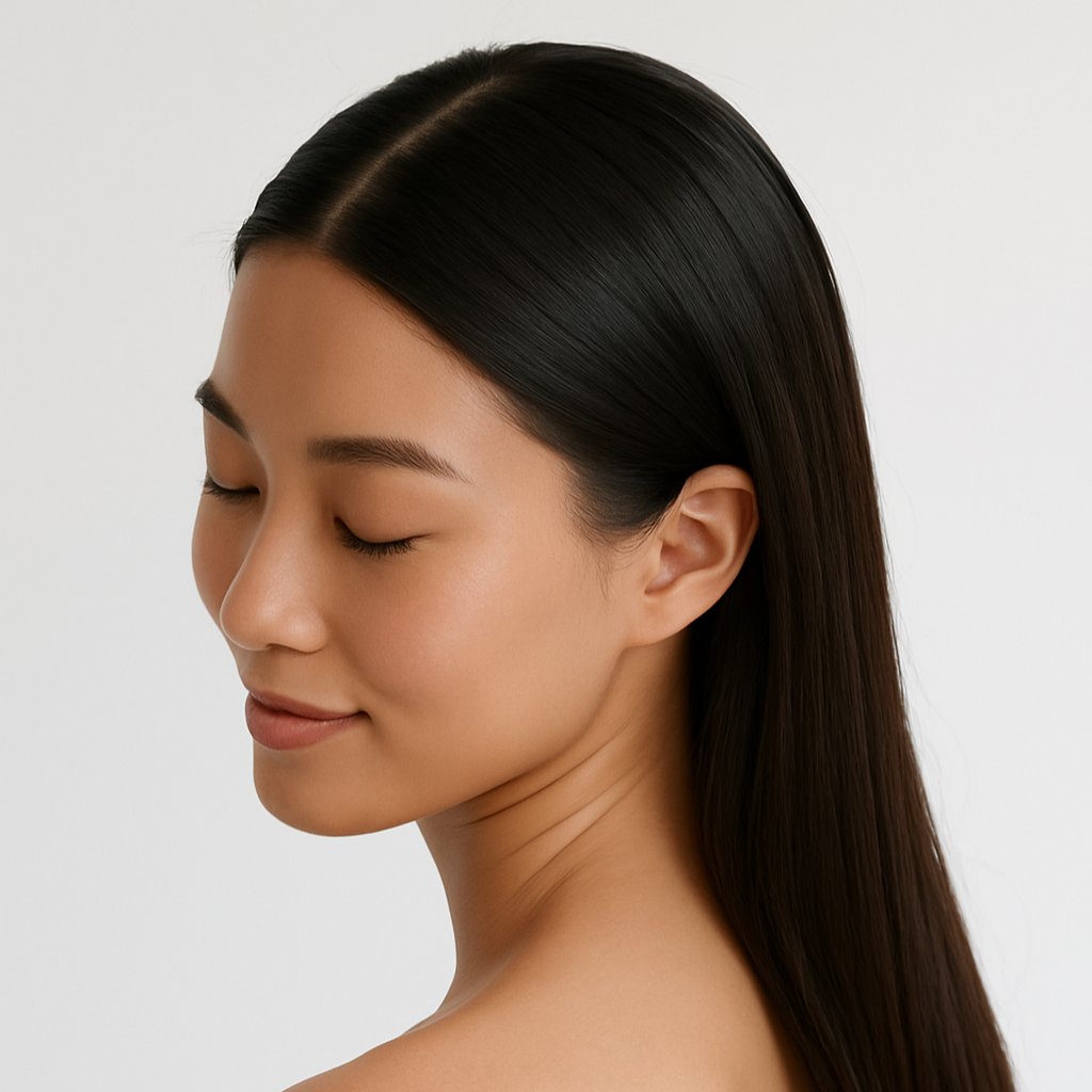 Close-up of a woman with long, straight, dark hair and smooth skin, facing left with eyes closed and a slight smile.