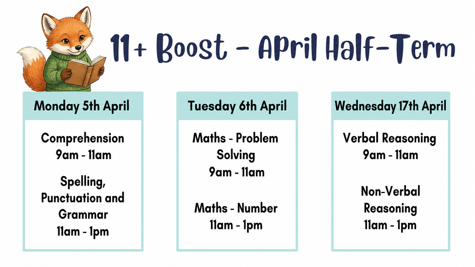 Schedule for April half-term with dates and subjects, including a cartoon fox holding a book and wearing a green sweater.