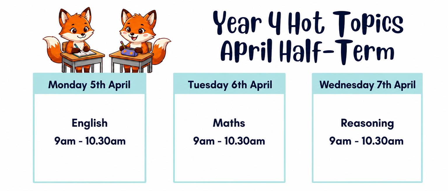 Schedule for Year 4 hot topics during April half-term, featuring fox characters at desks for each day from April 5th to April 7th, with subjects English, Maths, and Reasoning from 9:00 am to 10:30 am.
