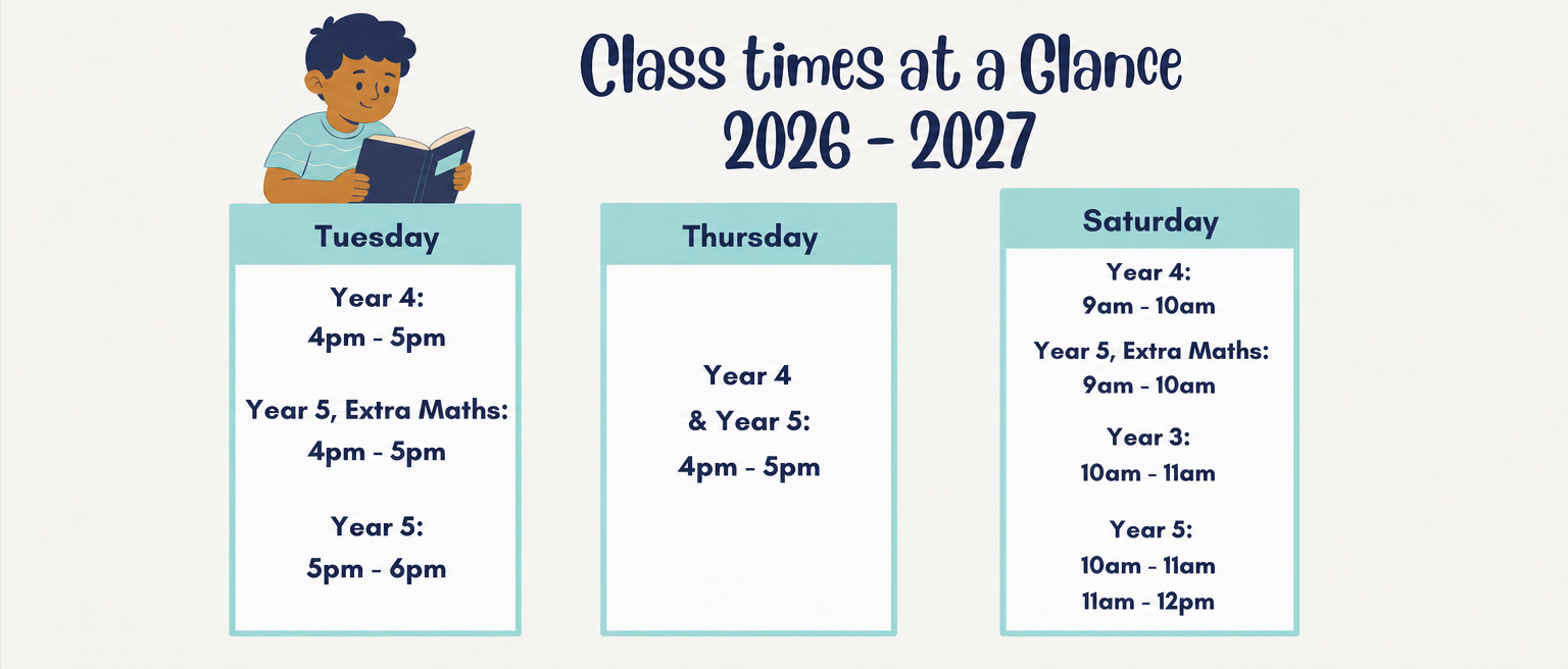 Class times schedule for the 2026-2027 school year, showing separate weekday and Saturday timings for different year groups and subject levels, with a cartoon illustration of a boy reading a book at the top left.